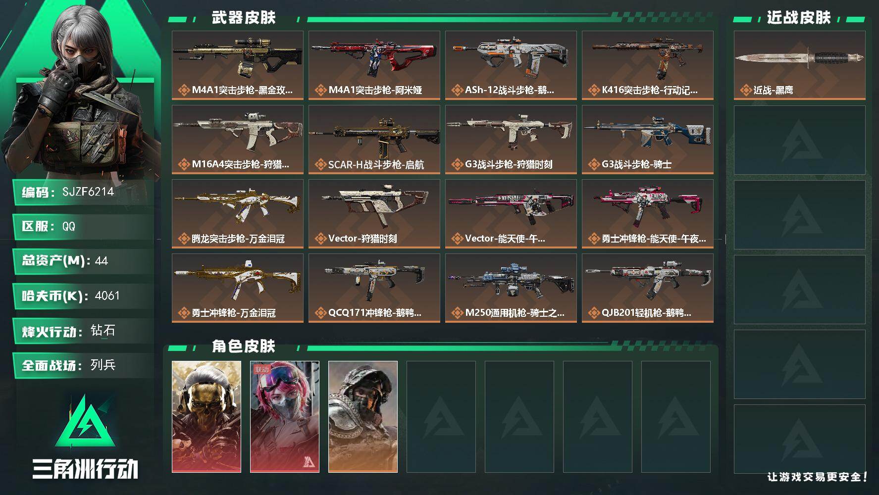 三角洲行动账号QQ【SJZF6214】总资产(M)：44M/哈夫币(K)：4061K/哈夫币(K)：4061K/传说枪皮数：18/全面战场等级：16_段位：列兵/烽火地带等级：60_段位：钻石/红狼-蚀金玫瑰/蛊-能