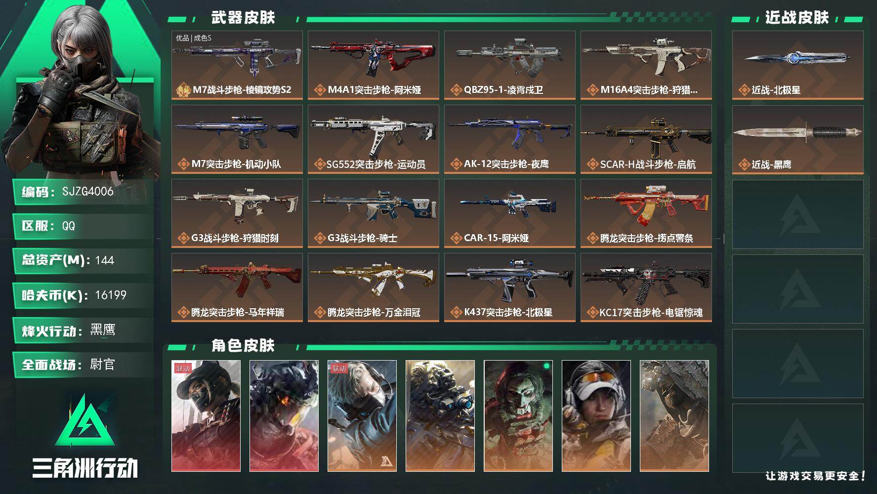 三角洲行动账号QQ【SJZG4006】总资产(M)：144M/哈夫币(K)：16199K/哈夫币(K)：16199K/传说枪皮数：32/全面战场等级：50_段位：尉官/烽火地带等级：60_段位：黑鹰/露娜-黑·天际线