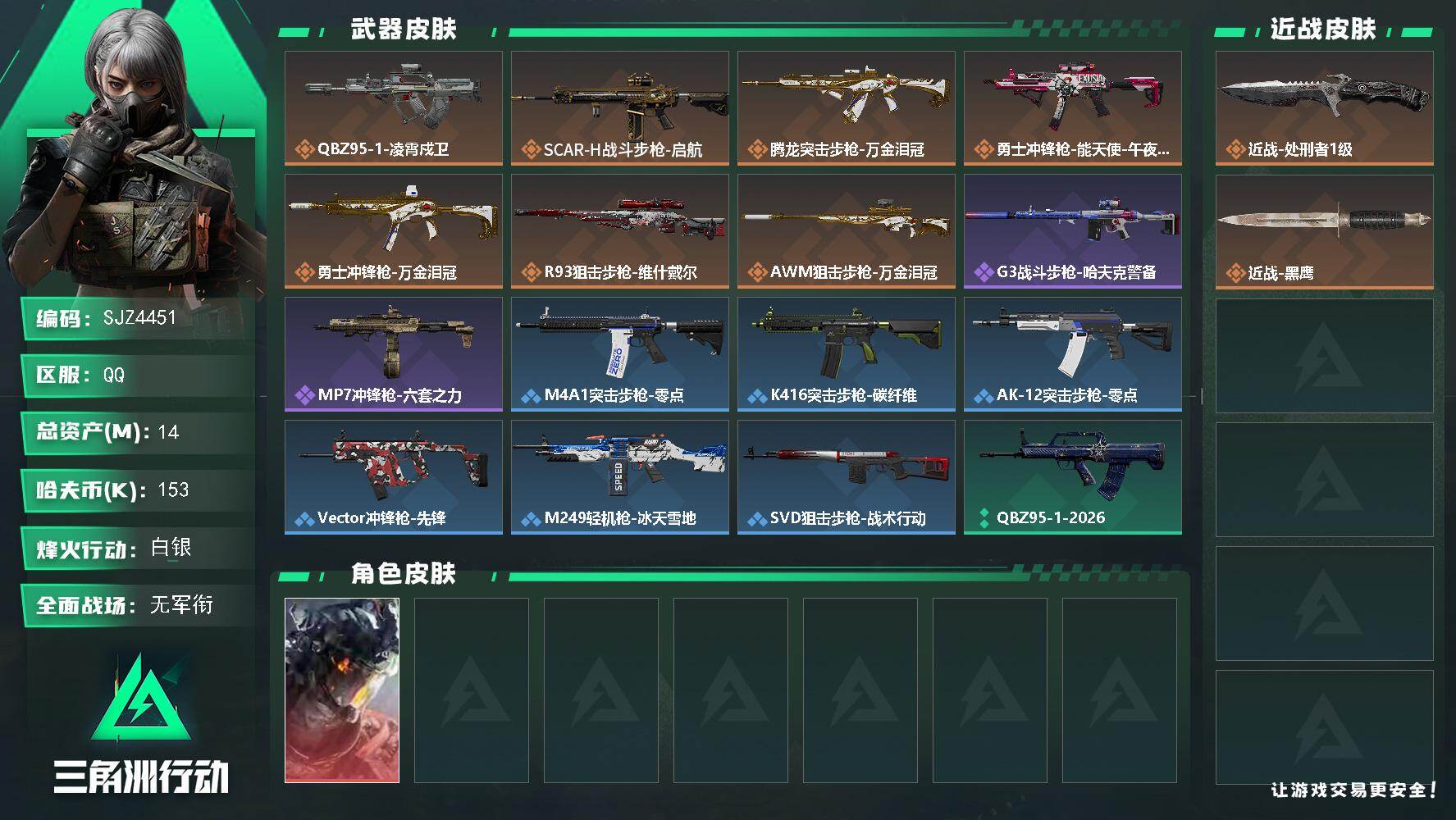 三角洲行动账号QQ【SJZ4451】总资产(M)：14M/哈夫币(K)：153K/哈夫币(K)：153K/传说枪皮数：7/全面战场等级：1_段位：无段位/烽火地带等级：40_段位：白银/威龙-凌霄戍卫/近战-处刑者1