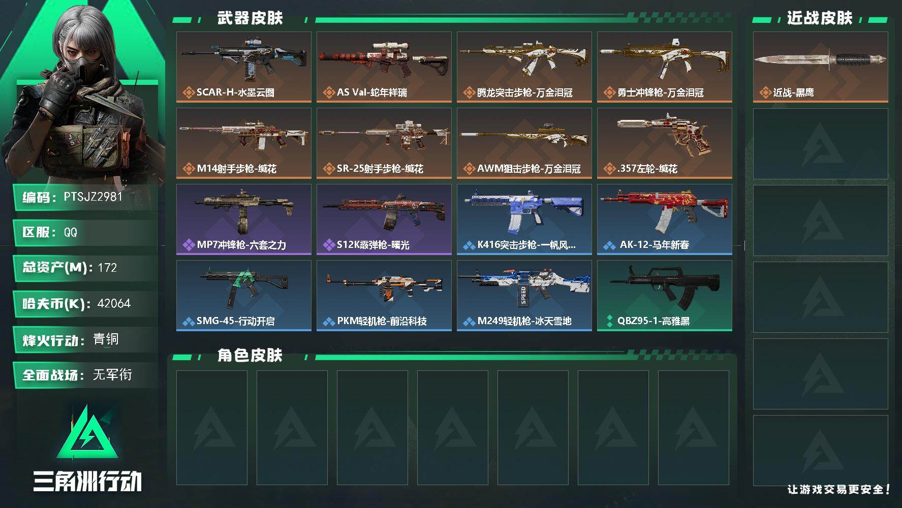 三角洲行动账号QQ【PTSJZ2981】总资产(M)：172M/哈夫币(K)：42064K/哈夫币(K)：42064K