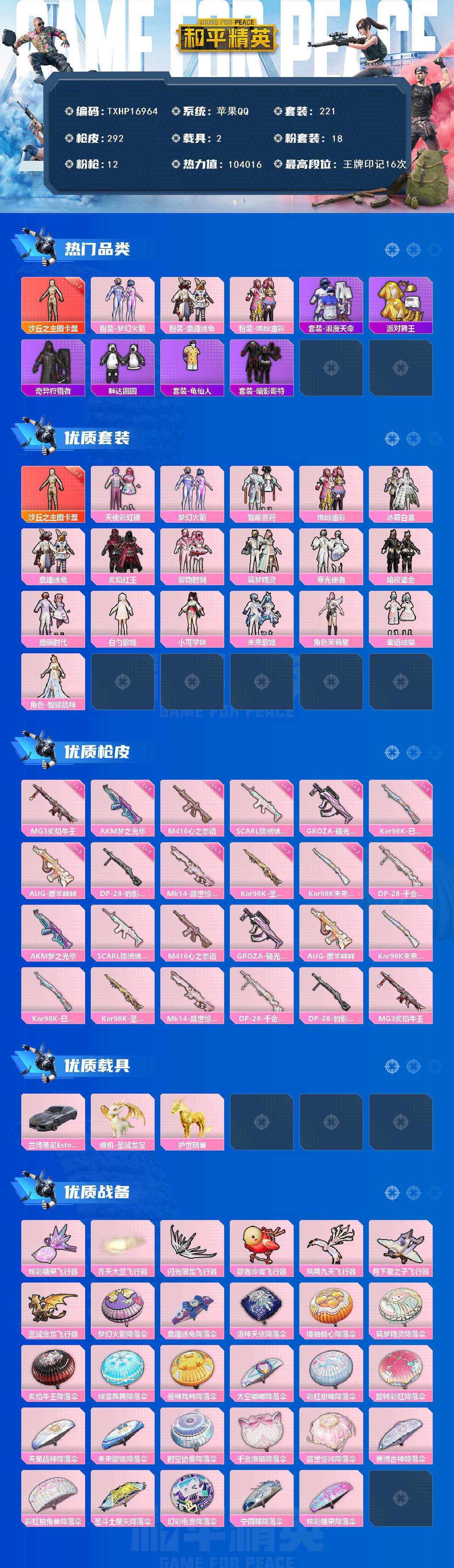 和平精英账号苹果QQ2载具-221套装-292枪皮-【TXHP16964】苹果 手Q-1神装-18粉装-12特效枪-2载