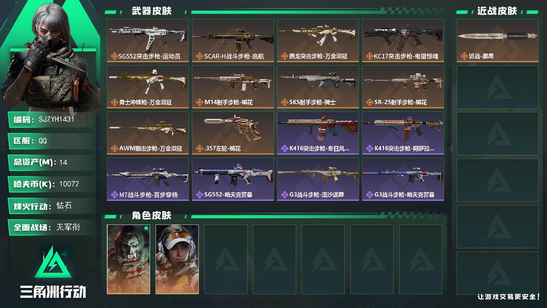 三角洲行动账号QQ【SJZYH1431】总资产(M)：14M/哈夫币(K)：10072K/哈夫币(K)：10072K/传说枪皮数：10/全面战场等级：1_段位：无段位/烽火地带等级：60_段位：钻石/红狼-电锯惊魂/
