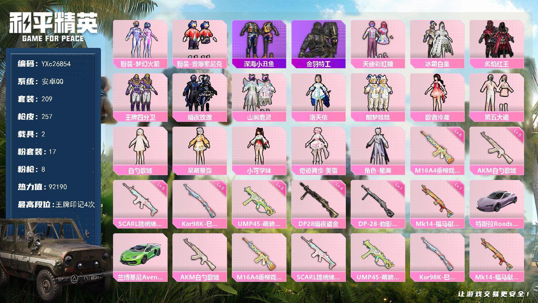 和平精英账号安卓QQ2载具-209套装-257枪皮-【新101 双马尾】YXc26854-【无二次协助处理】【因赛季更新