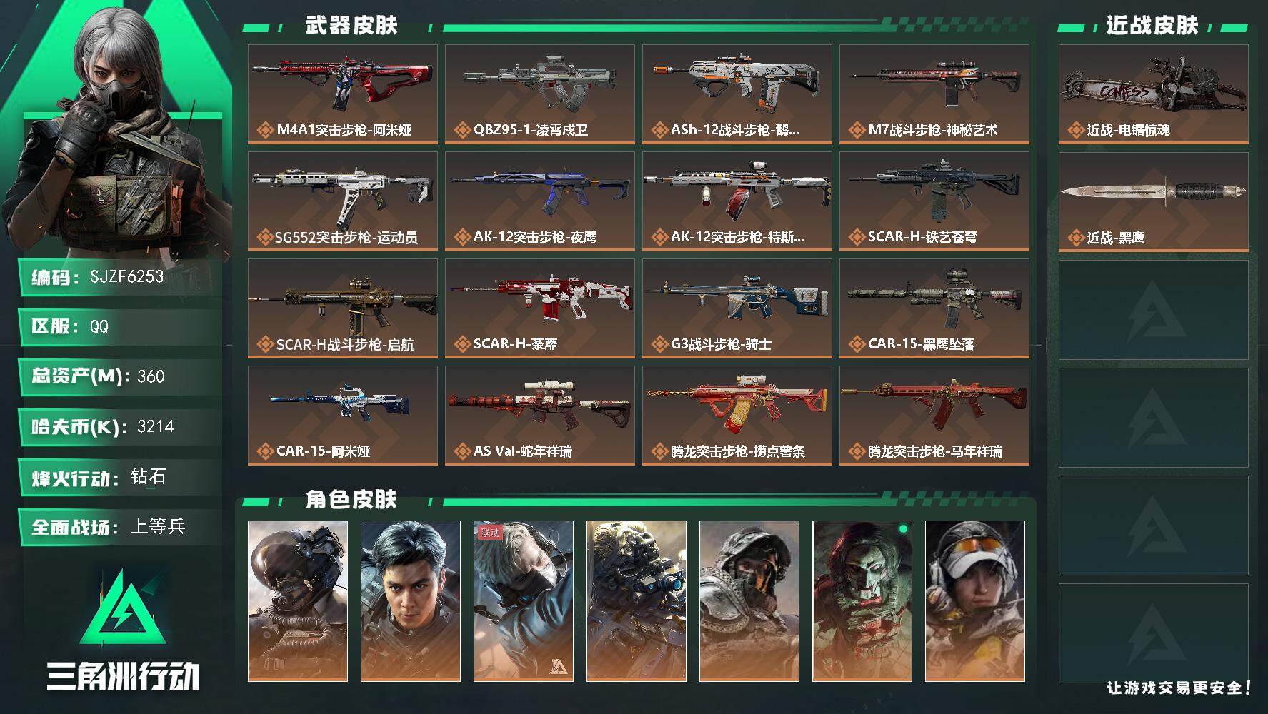 三角洲行动账号QQ【SJZF6253】总资产(M)：360M/哈夫币(K)：3214K/哈夫币(K)：3214K/传说