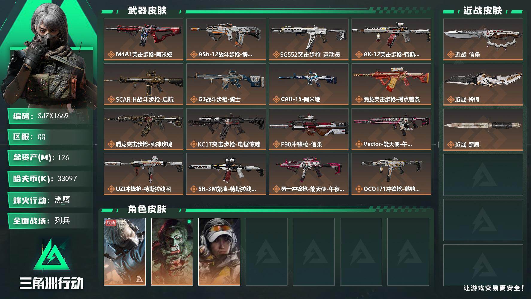 三角洲行动账号QQ【SJZX1669】总资产(M)：126M/哈夫币(K)：33097K/哈夫币(K)：33097K/传说枪皮数：27/全面战场等级：13_段位：列兵/烽火地带等级：60_段位：黑鹰/蜂医-送葬人·无