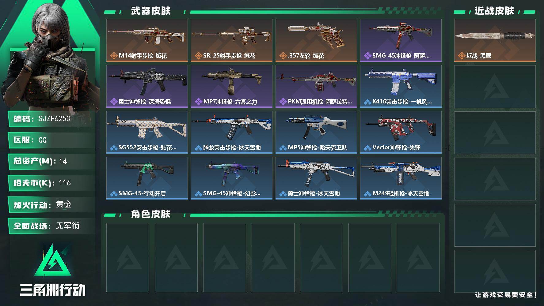 三角洲行动账号QQ【SJZF6250】总资产(M)：14M/哈夫币(K)：116K/哈夫币(K)：116K/传说枪皮数：3/全面战场等级：1_段位：无段位/烽火地带等级：60_段位：黄金/近战-黑鹰/M14射手步枪-