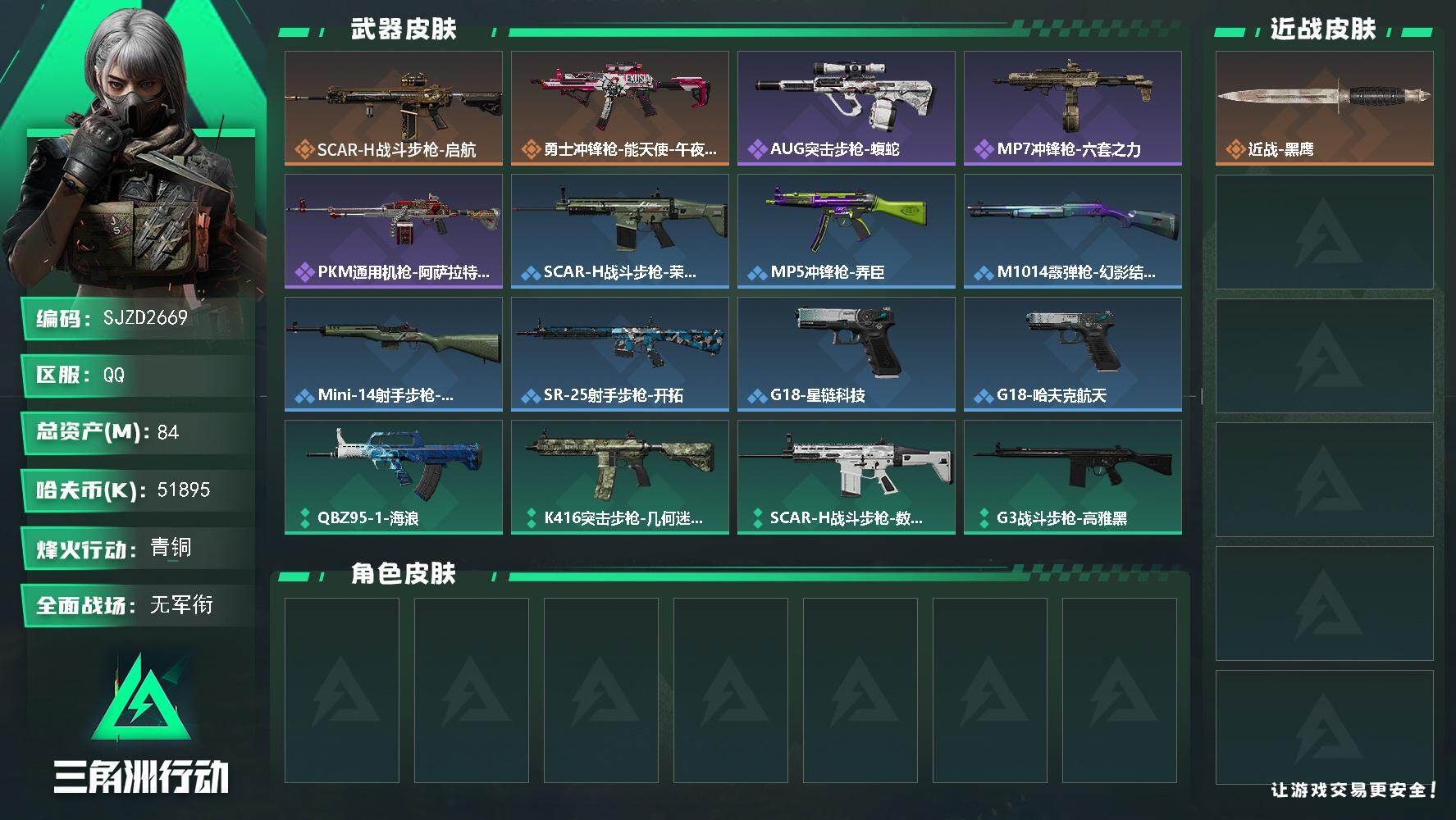 三角洲行动账号QQ【SJZD2669】总资产(M)：84M/哈夫币(K)：51895K/哈夫币(K)：51895K/传说枪皮数：2/全面战场等级：1_段位：无段位/烽火地带等级：32_段位：青铜/近战-黑鹰/SCAR