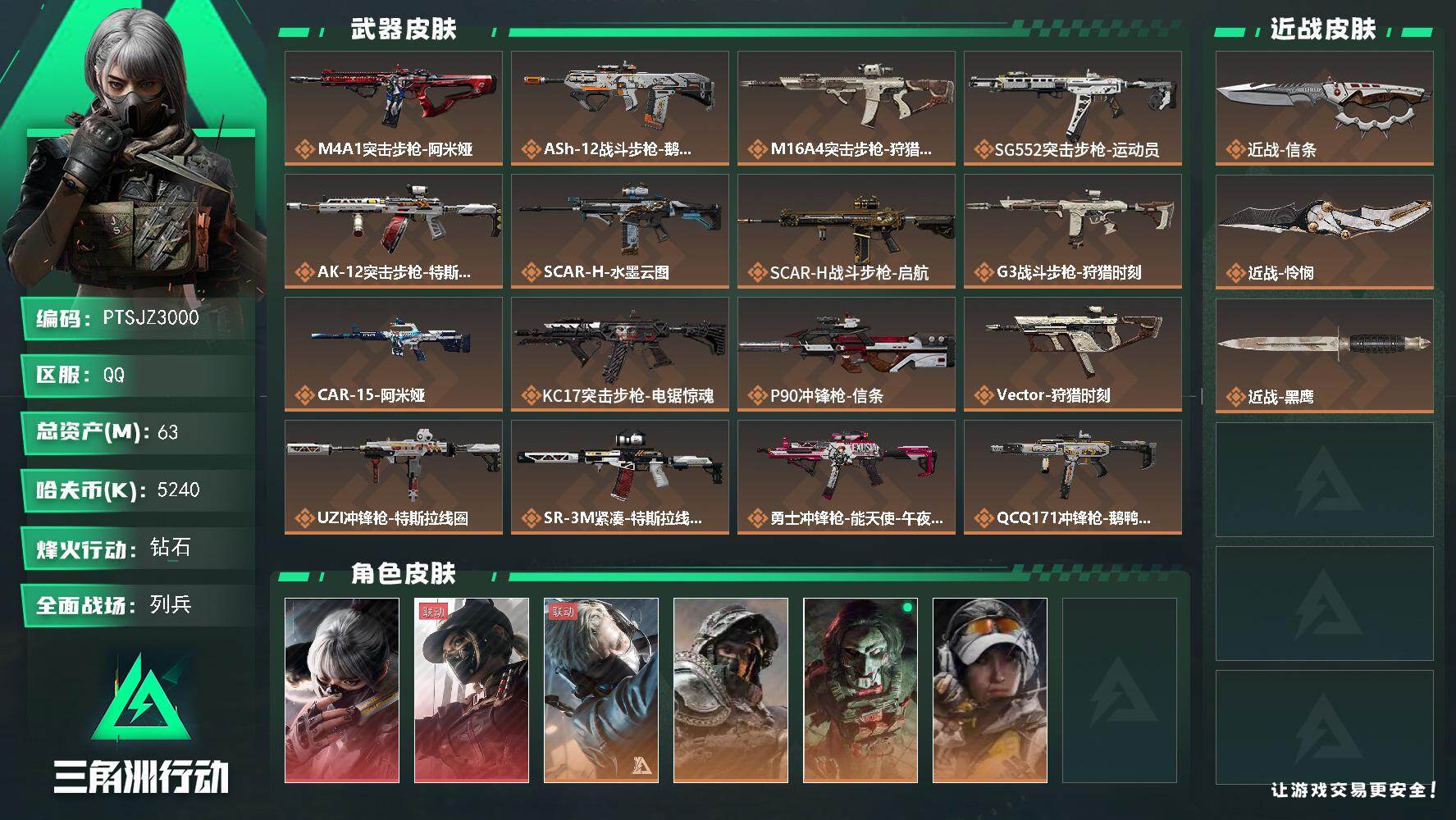 三角洲行动账号QQ【PTSJZ3000】总资产(M)：63M/哈夫币(K)：5240K/哈夫币(K)：5240K/传说