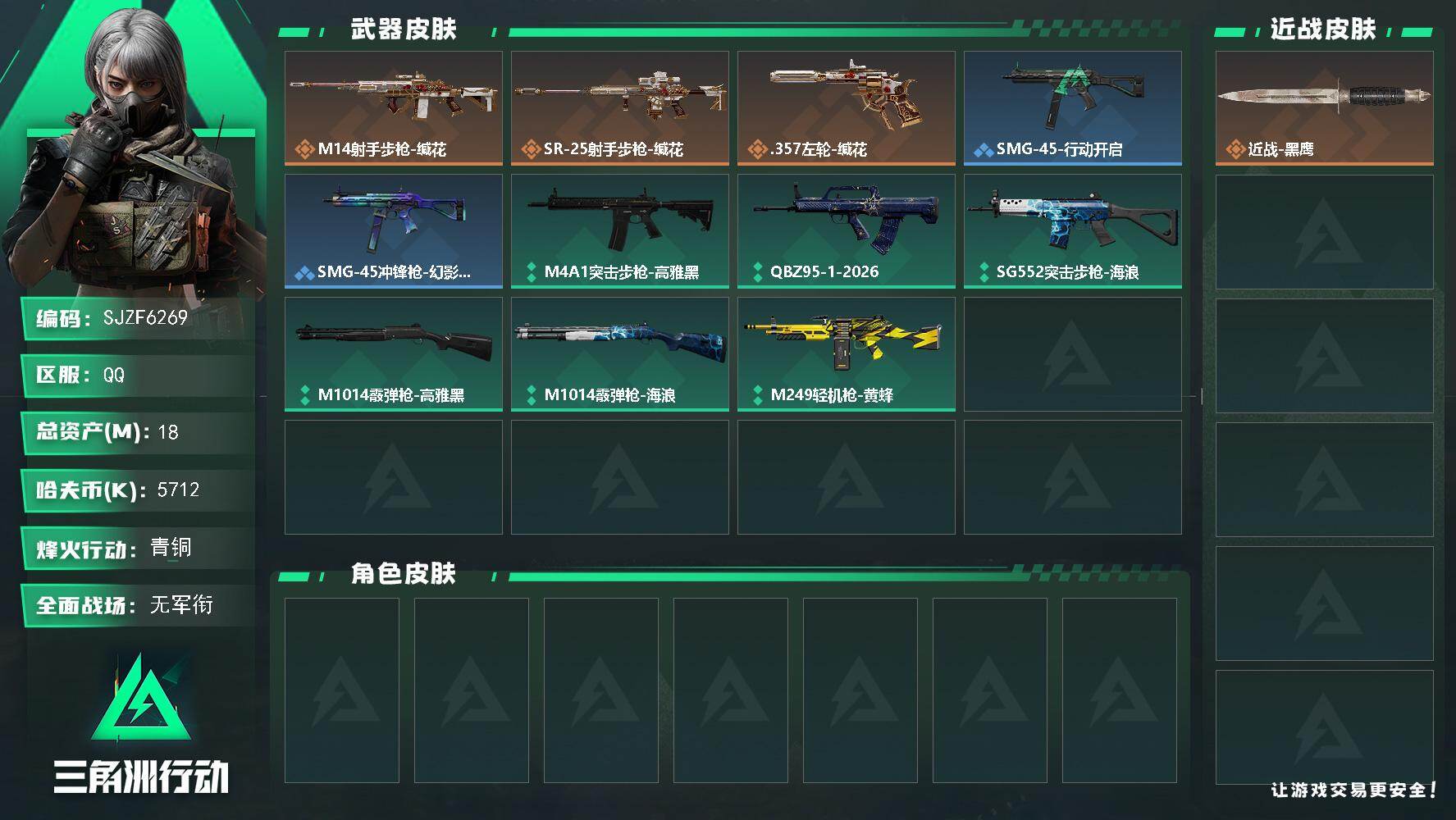 三角洲行动账号QQ【SJZF6269】总资产(M)：18M/哈夫币(K)：5712K/哈夫币(K)：5712K/传说枪皮数：3/全面战场等级：1_段位：无段位/烽火地带等级：49_段位：青铜/近战-黑鹰/M14射手步