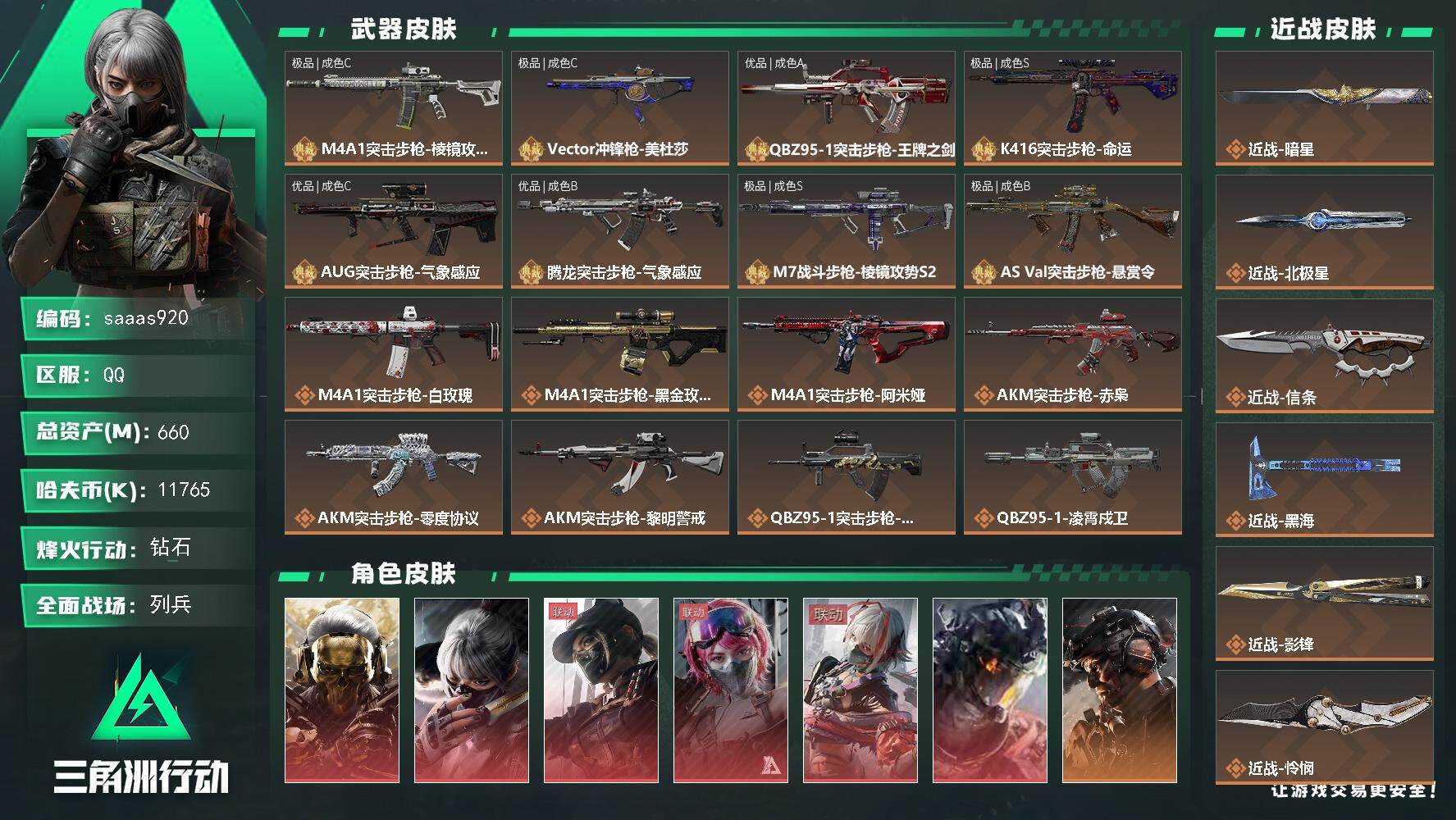 三角洲行动账号QQ账号(互通)660m总资产-11765k哈伏币-60烽火等级-钻石-50战场等级-列兵
【干员外观】：红狼-蚀金玫瑰，骇爪-水墨云图，露娜-黑·天际线，蛊-能天使午夜邮差，骇爪-维什戴尔，威龙-凌霄戍卫，威龙-