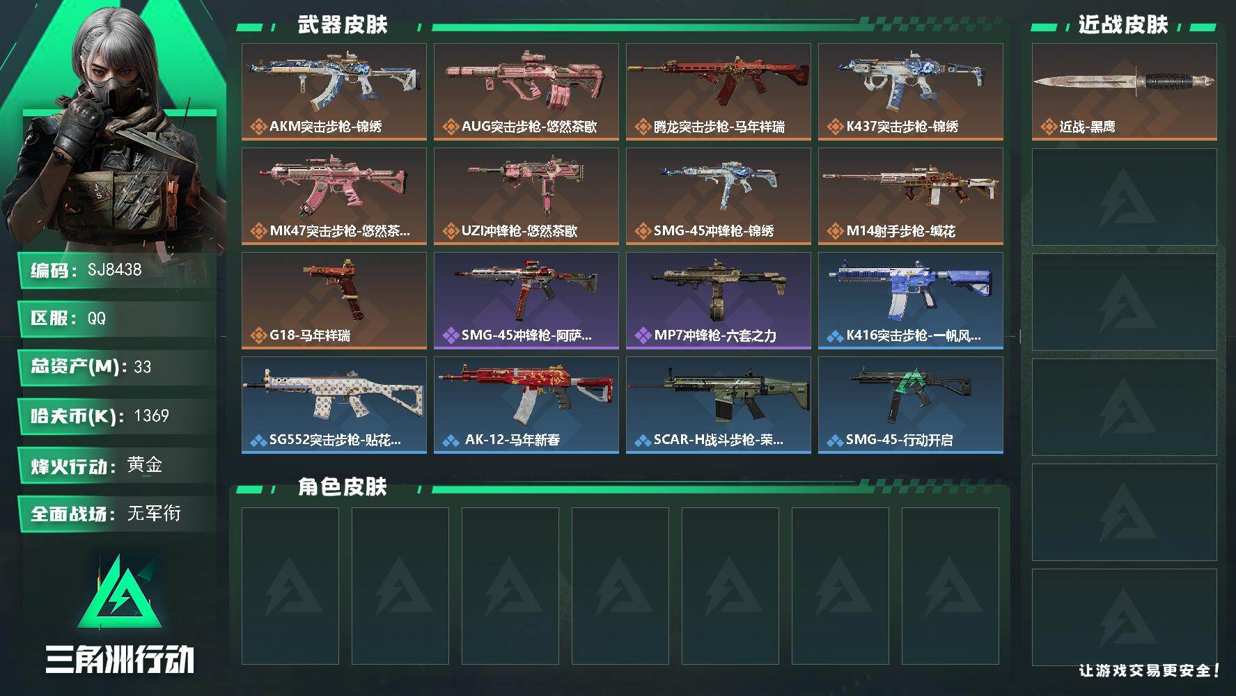 三角洲行动账号QQ【SJ8438】总资产(M)：33M/哈夫币(K)：1369K/哈夫币(K)：1369K/传说枪皮数：9/全面战场等级：1_段位：无段位/烽火地带等级：42_段位：黄金/近战-黑鹰/AKM突击步枪-