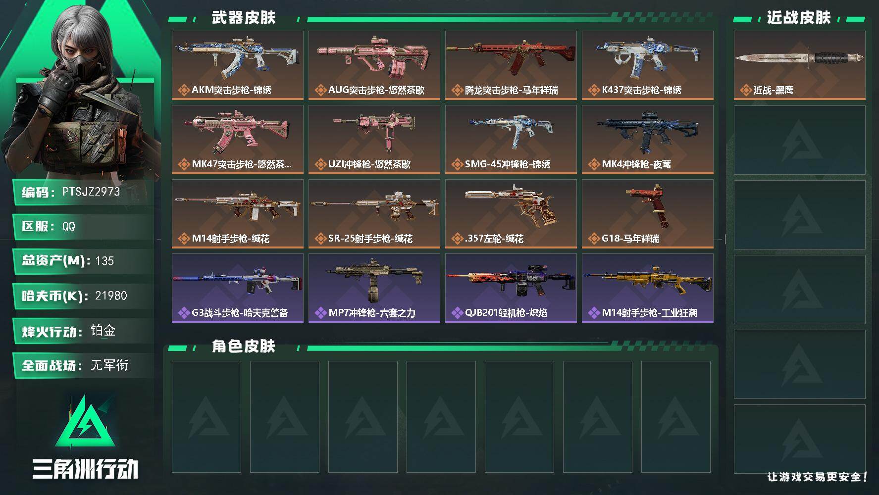 三角洲行动账号QQ【PTSJZ2973】总资产(M)：135M/哈夫币(K)：21980K/哈夫币(K)：21980K