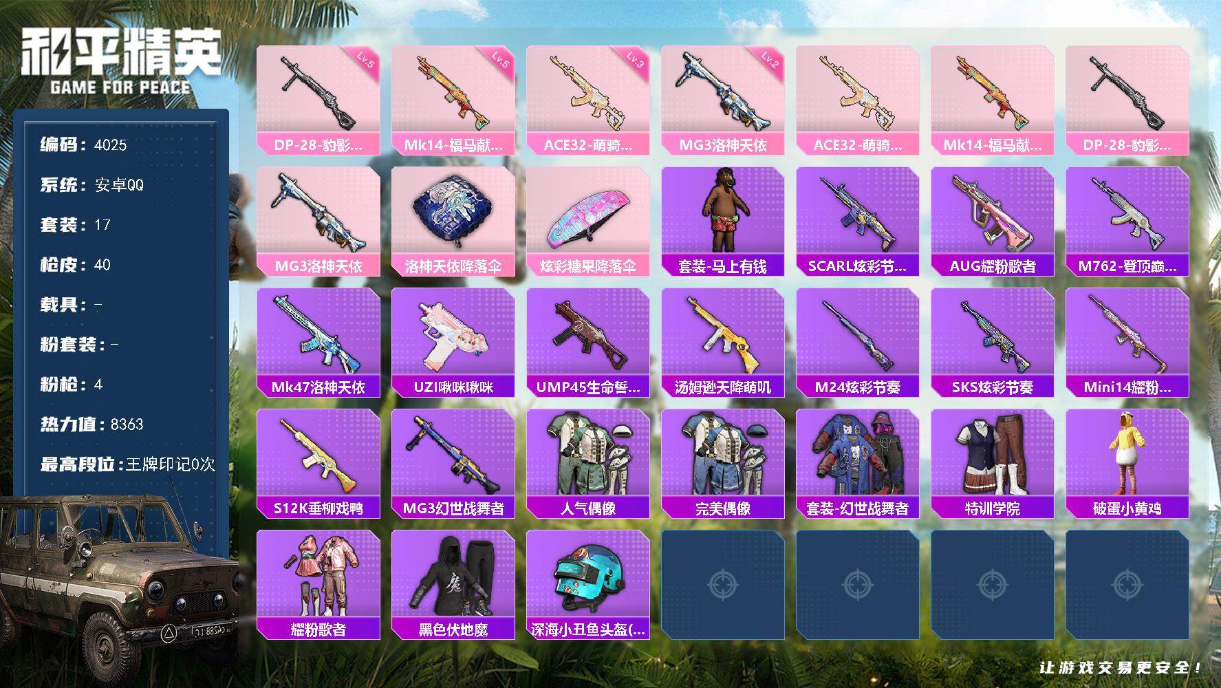 和平精英账号安卓QQ0载具-17套装-40枪皮-17套装/枪械4/装备35/战备25/热力值8363/三级ACE32-萌