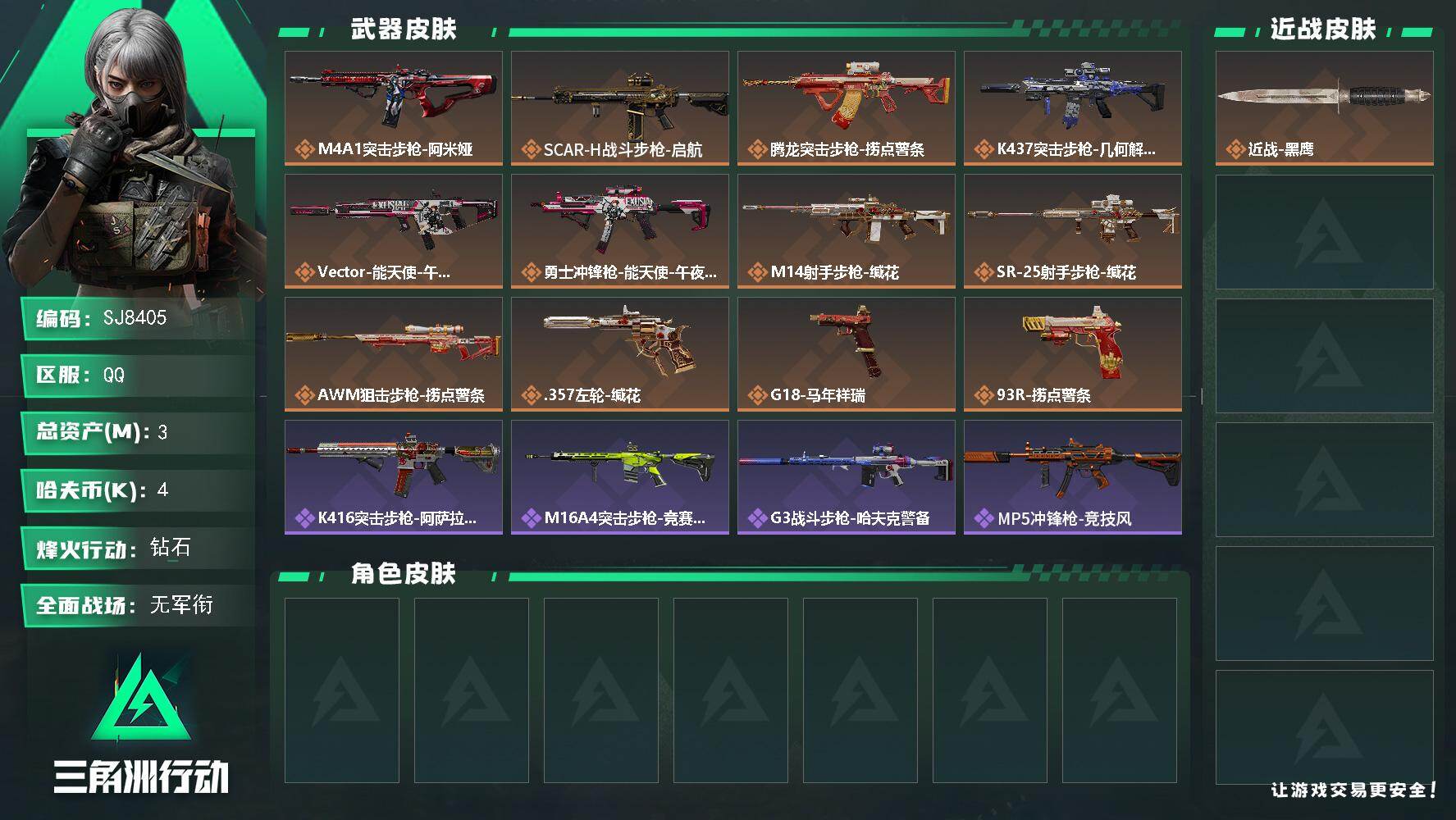 三角洲行动账号QQ【SJ8405】总资产(M)：3M/哈夫币(K)：4K/哈夫币(K)：4K/传说枪皮数：12/全面战场等级：1_段位：无段位/烽火地带等级：60_段位：钻石/近战-黑鹰/M4A1突击步枪-阿米娅/S