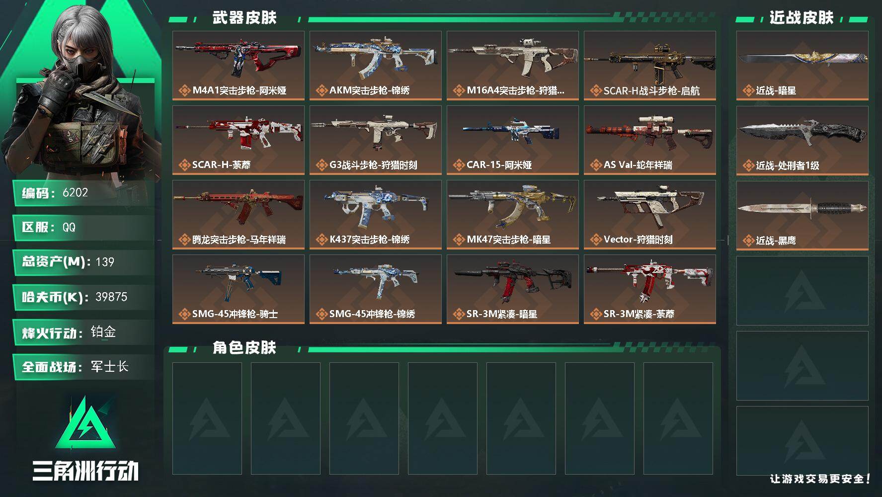 三角洲行动账号QQ总资产(M)：139M/哈夫币(K)：39875K/哈夫币(K)：39875K/传说枪皮数：23/全
