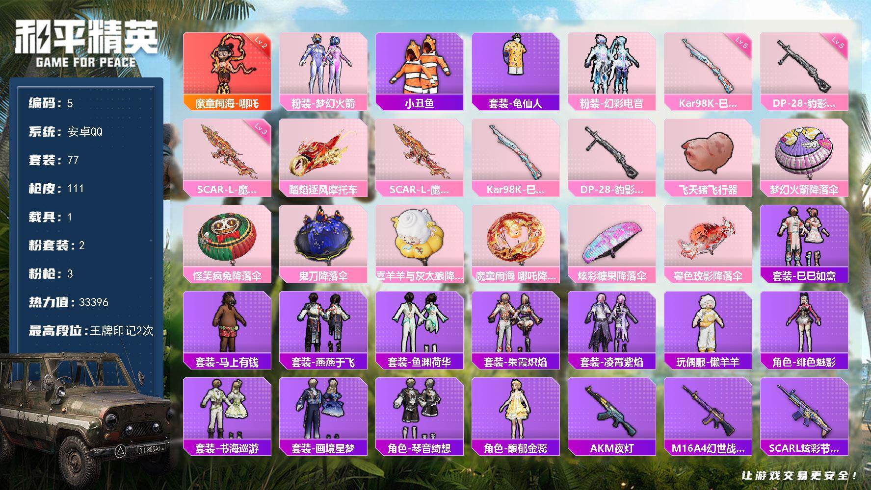 和平精英账号安卓QQ【5】2448135
安卓 手Q-1神装-2粉装-3特效枪-1载具-1粉色飞行器-33396热力值-