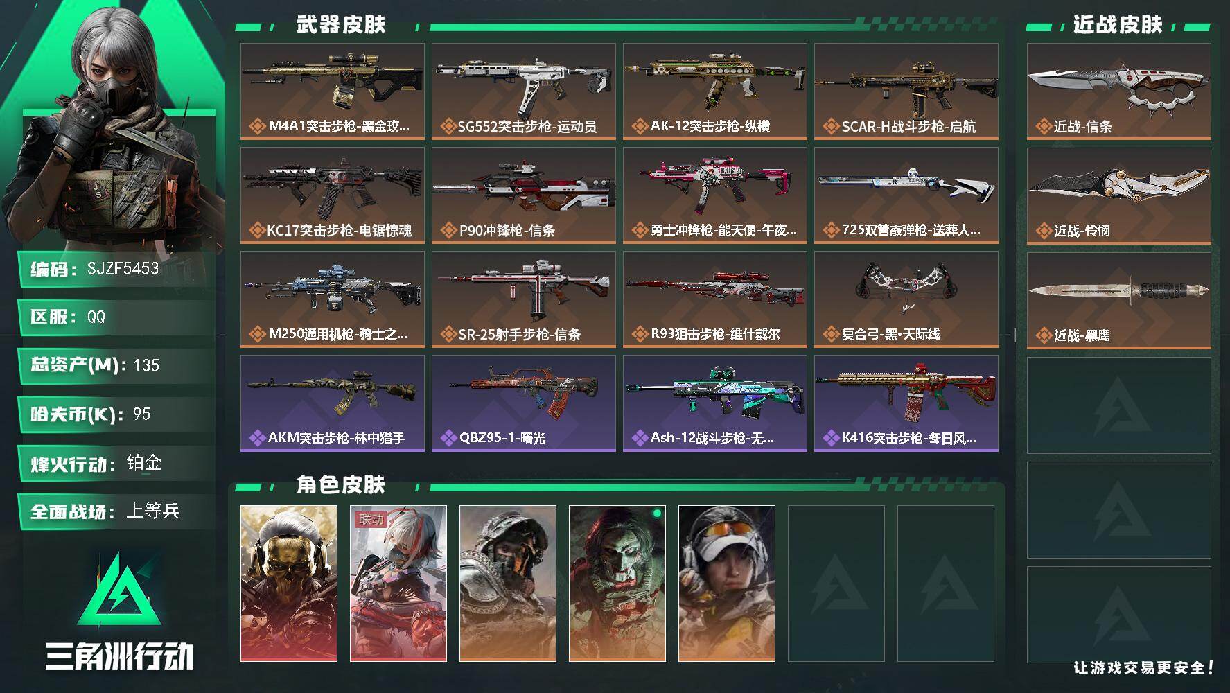 三角洲行动账号QQ【SJZF5453】总资产(M)：135M/哈夫币(K)：95K/哈夫币(K)：95K/传说枪皮数：