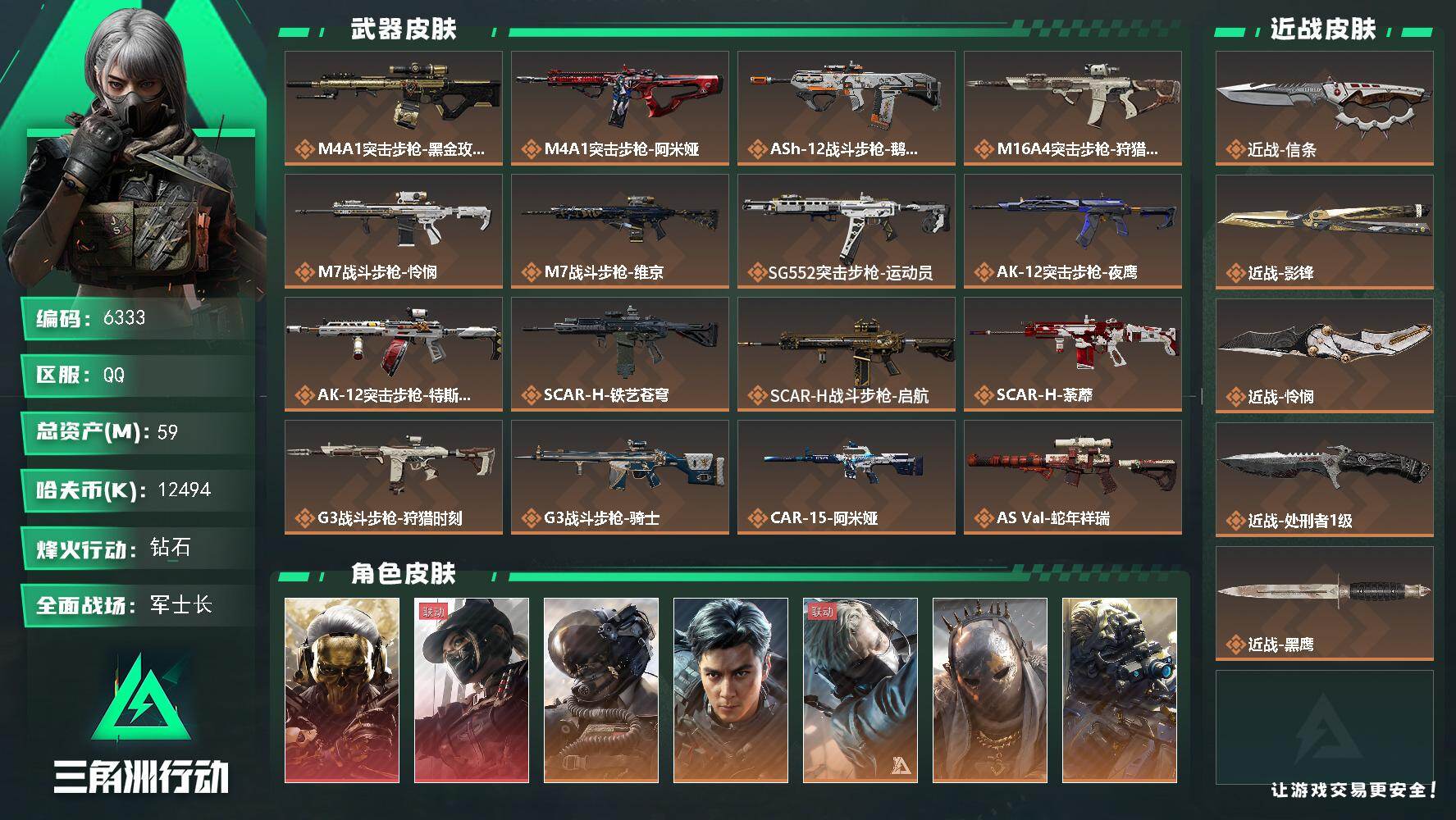 三角洲行动账号QQ总资产(M)：59M/哈夫币(K)：12494K/哈夫币(K)：12494K/传说枪皮数：52/全面