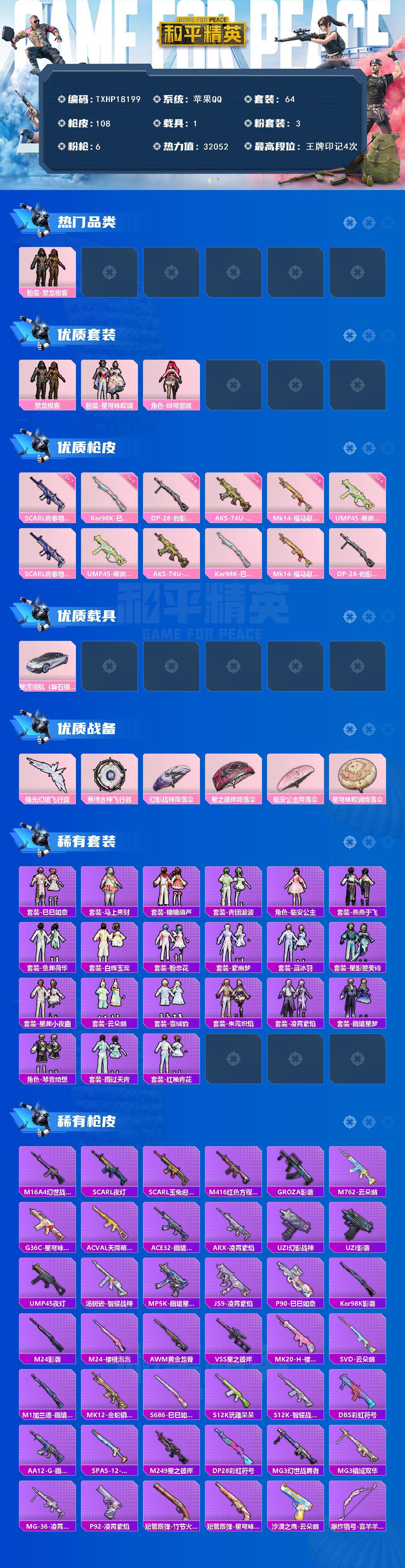 和平精英账号苹果QQ1载具-64套装-108枪皮-【TXHP18199】苹果 手Q-3粉装-6特效枪-1载具-2粉色飞行