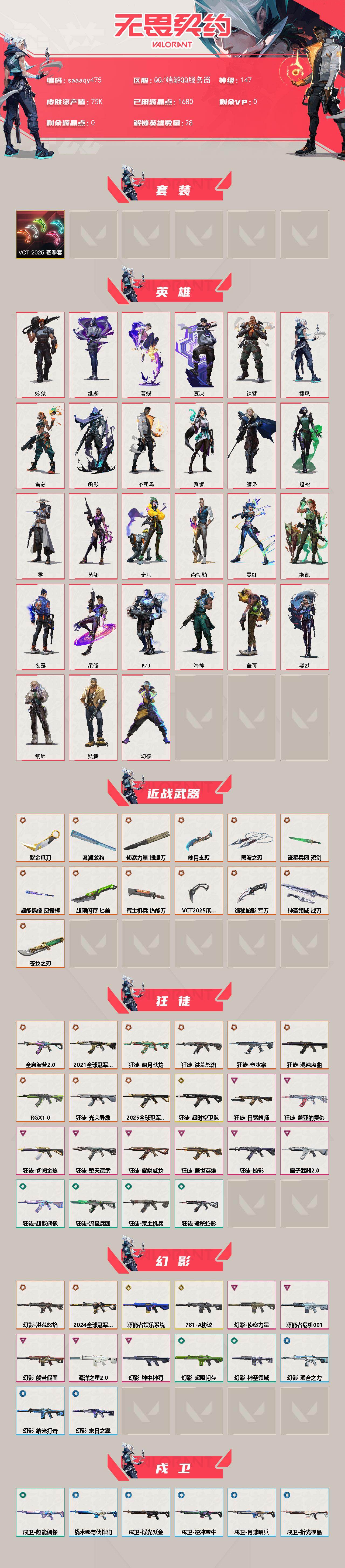 【套装】：VCT 2025 赛季套装
【英雄】：幻棱，炼狱，维斯，暮蝶，钛狐，壹决，铁臂，捷风，雷兹，幽影，不死鸟，贤者，猎枭，蝰蛇，零，芮娜，奇乐，尚勃勒，霓虹，斯凯，夜露，星礈，K/O，海神，盖