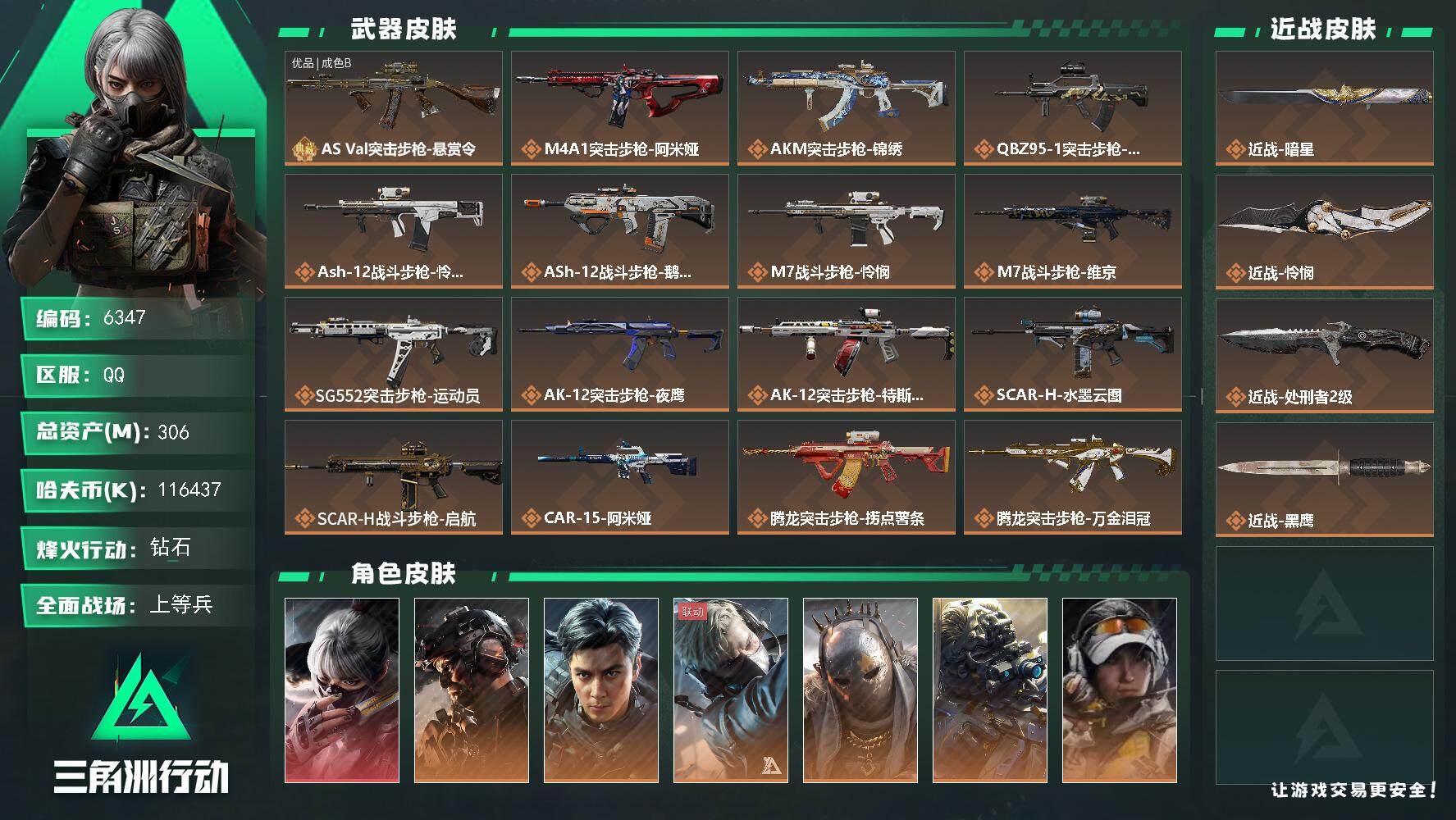 三角洲行动账号QQ总资产(M)：306M/哈夫币(K)：K/哈夫币(K)：K/传说枪皮数：37/全面战场等级：41_段