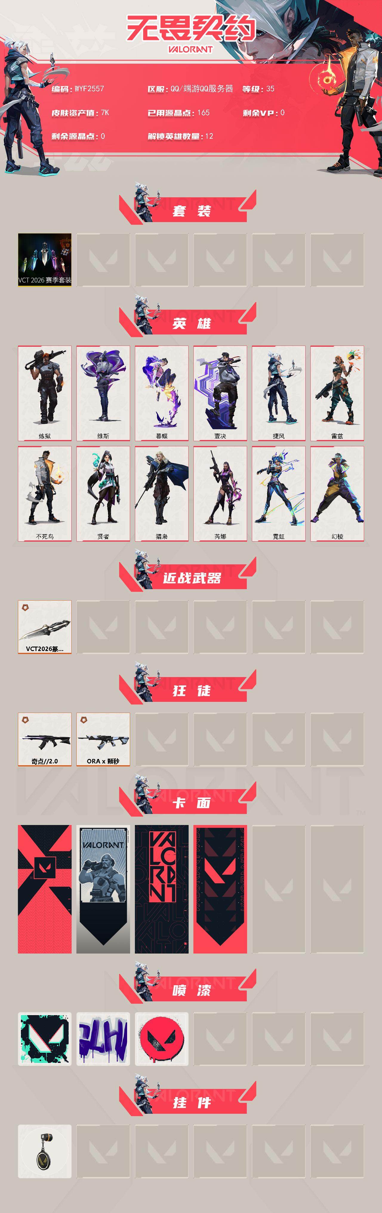 【WYF2557】终极*2/传奇*1/皮肤*3/等级*35/段位:黑铁/VCT 2026 赛季套装/幻棱/炼狱/维斯/暮蝶/壹决/捷风/雷兹/不死鸟/贤者/猎枭/芮娜/霓虹/近战武器-VCT 202