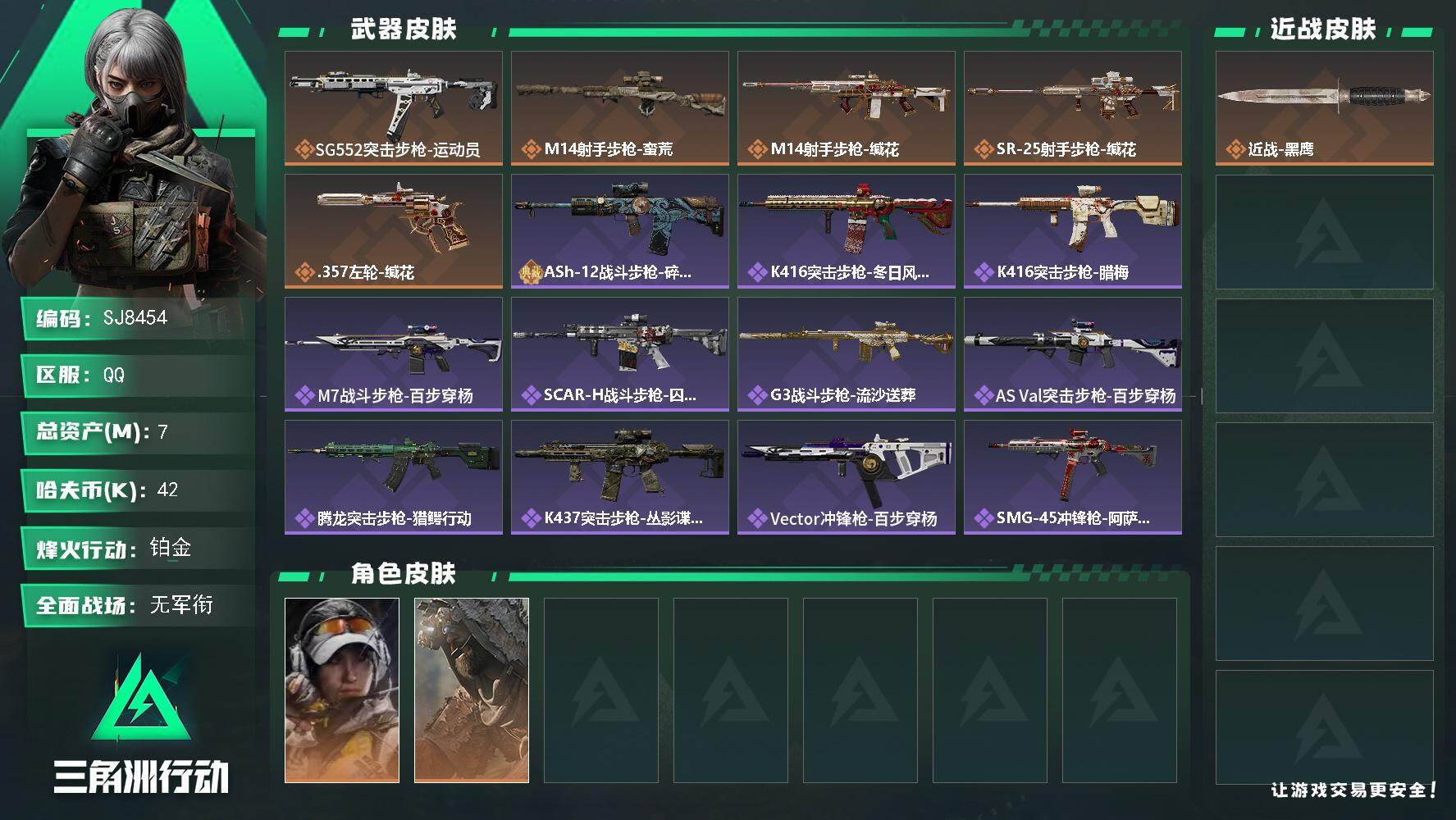 三角洲行动账号QQ【SJ8454】总资产(M)：7M/哈夫币(K)：42K/哈夫币(K)：42K/传说枪皮数：5/全面战场等级：1_段位：无段位/烽火地带等级：60_段位：铂金/露娜-金牌射手/乌鲁鲁-荒原猎手/近战