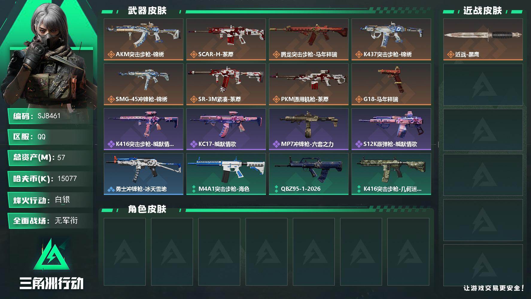 三角洲行动账号QQ【SJ8461】总资产(M)：57M/哈夫币(K)：15077K/哈夫币(K)：15077K/传说枪皮数：8/全面战场等级：1_段位：无段位/烽火地带等级：32_段位：白银/近战-黑鹰/AKM突击步
