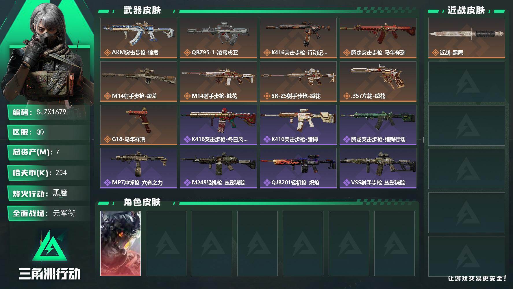 三角洲行动账号QQ【SJZX1679】总资产(M)：7M/哈夫币(K)：254K/哈夫币(K)：254K/传说枪皮数：