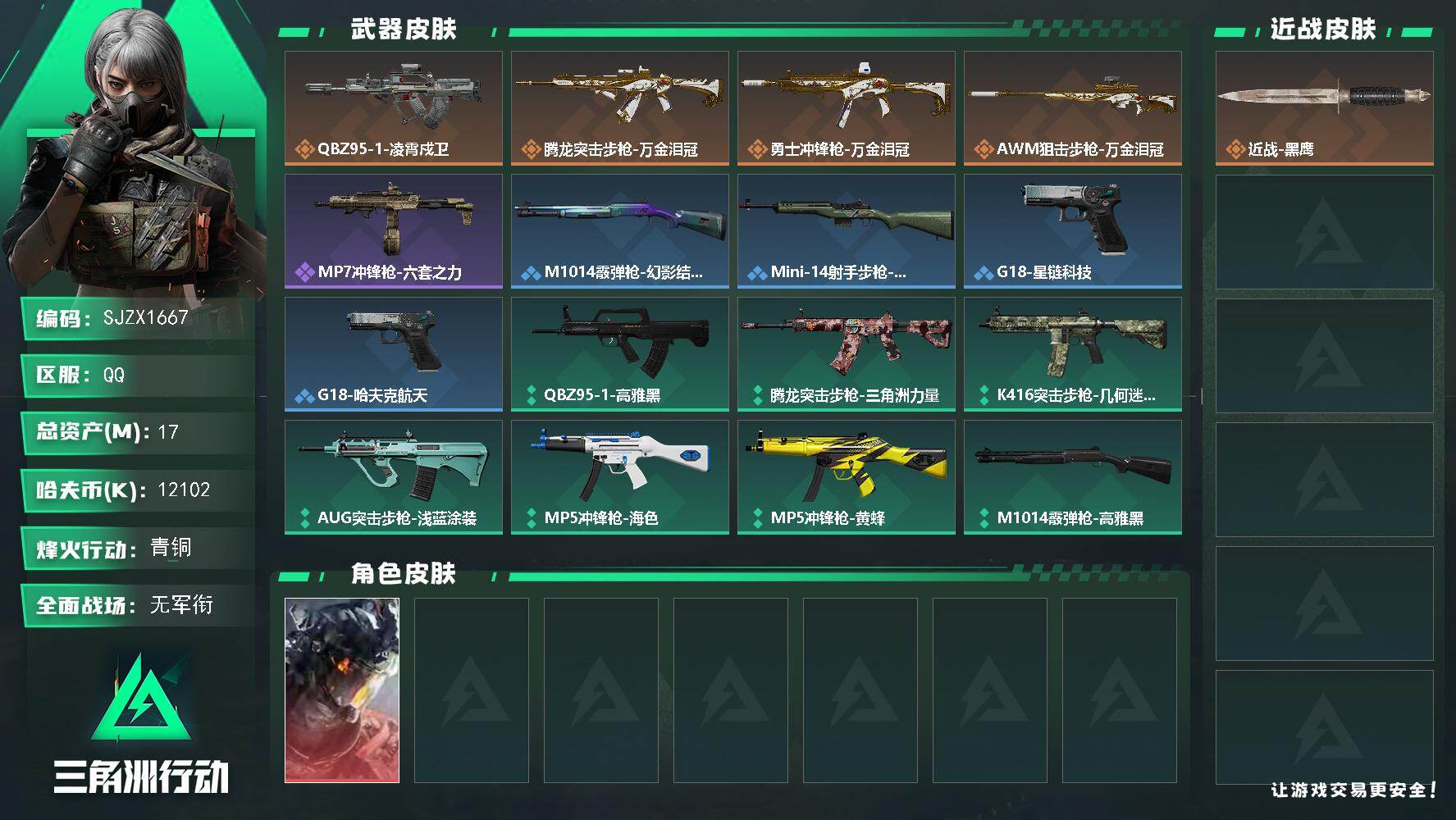 三角洲行动账号QQ【SJZX1667】总资产(M)：17M/哈夫币(K)：12102K/哈夫币(K)：12102K/传说枪皮数：4/全面战场等级：1_段位：无段位/烽火地带等级：23_段位：青铜/威龙-凌霄戍卫/近战