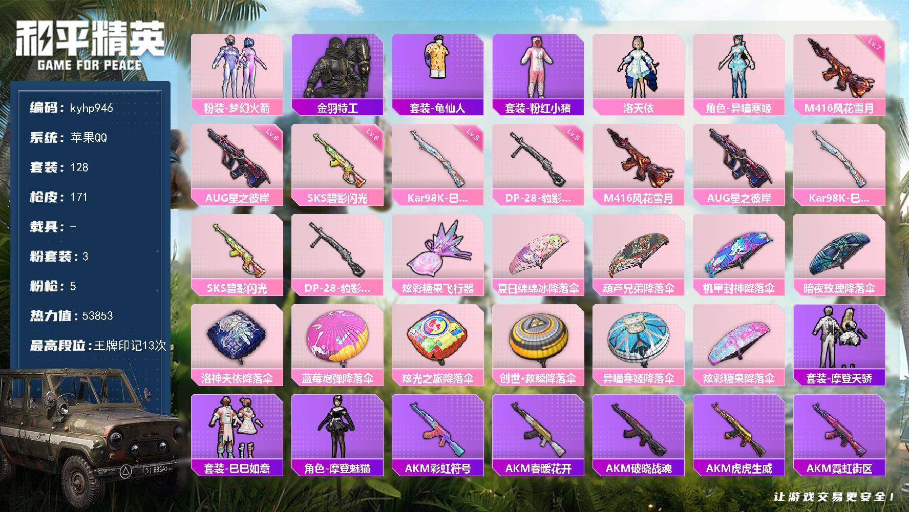 和平精英账号苹果QQ苹果 手Q-3粉装-5特效枪-0载具-1粉色飞行器-53853热力值-13王牌印记-128套装-17