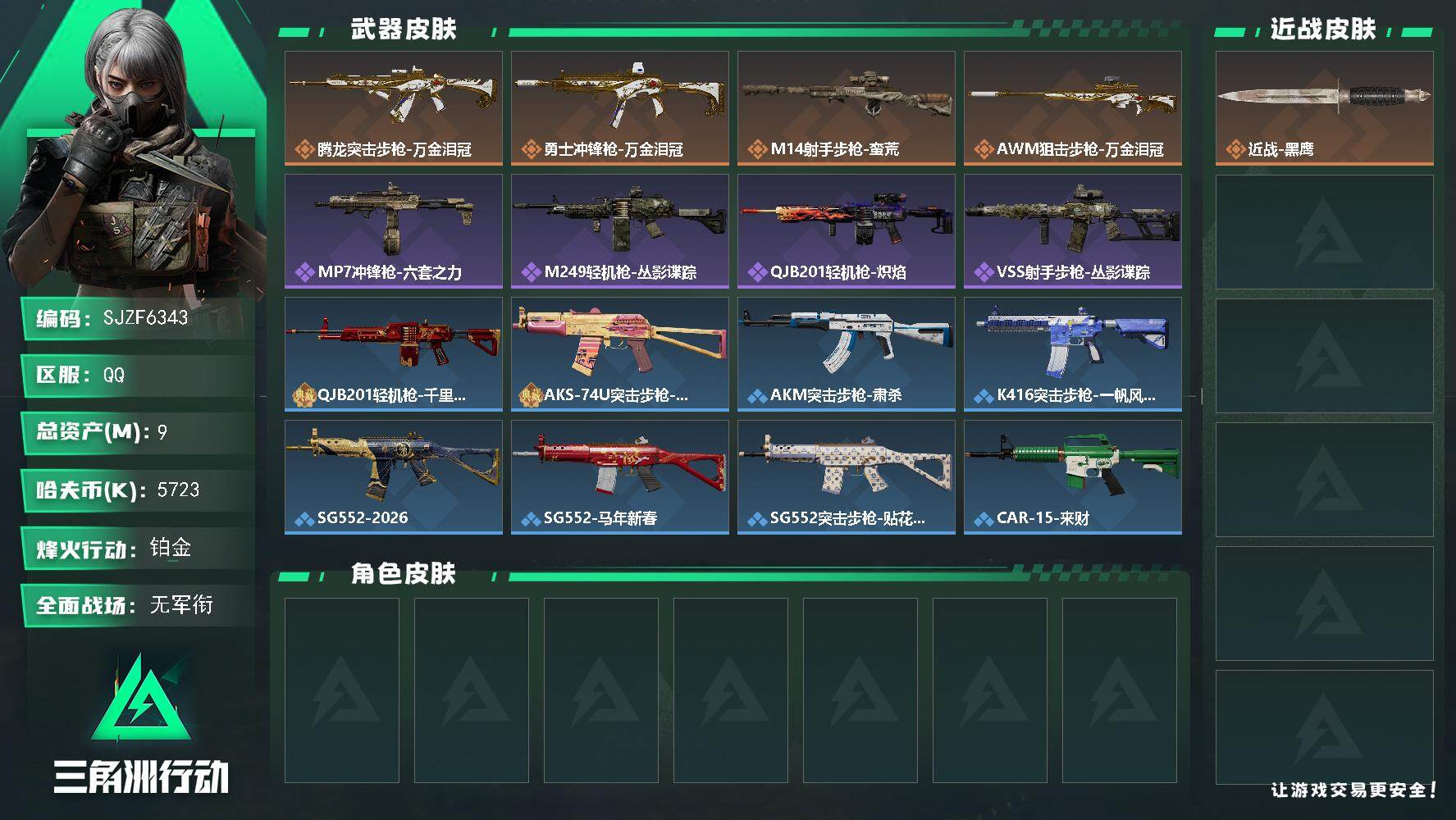 三角洲行动账号QQ【SJZF6343】总资产(M)：9M/哈夫币(K)：5723K/哈夫币(K)：5723K/传说枪皮数：4/全面战场等级：5_段位：无段位/烽火地带等级：33_段位：铂金/近战-黑鹰/腾龙突击步枪-