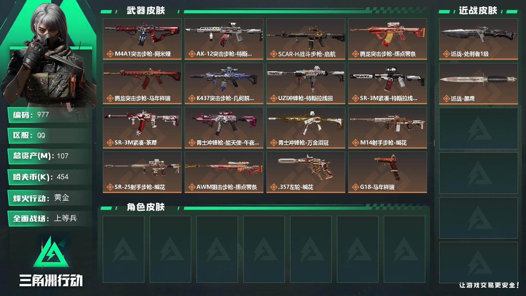 三角洲行动账号QQs8赛季：9格，107m总资产-454k哈伏币-60烽火等级-黄金-24战场等级-上等兵
【近战皮肤