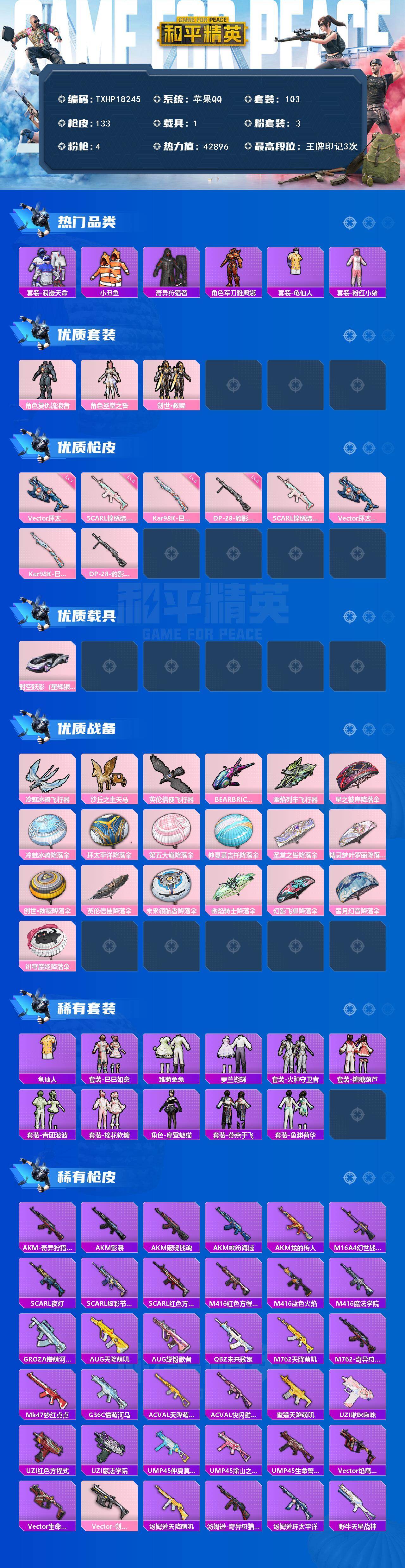 和平精英账号苹果QQ1载具-103套装-133枪皮-【TXHP18245】苹果 手Q-3粉装-4特效枪-1载具-5粉色飞
