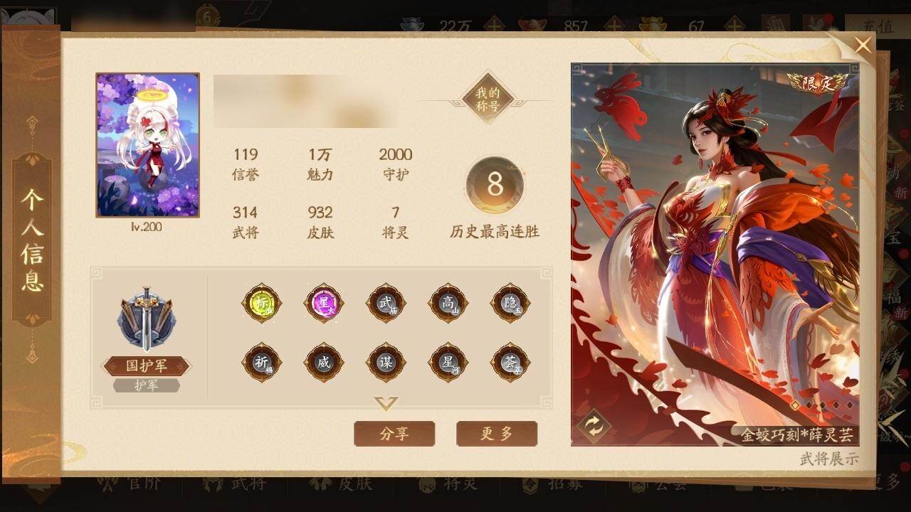 【12413086】官阶：国护军
VIP：...