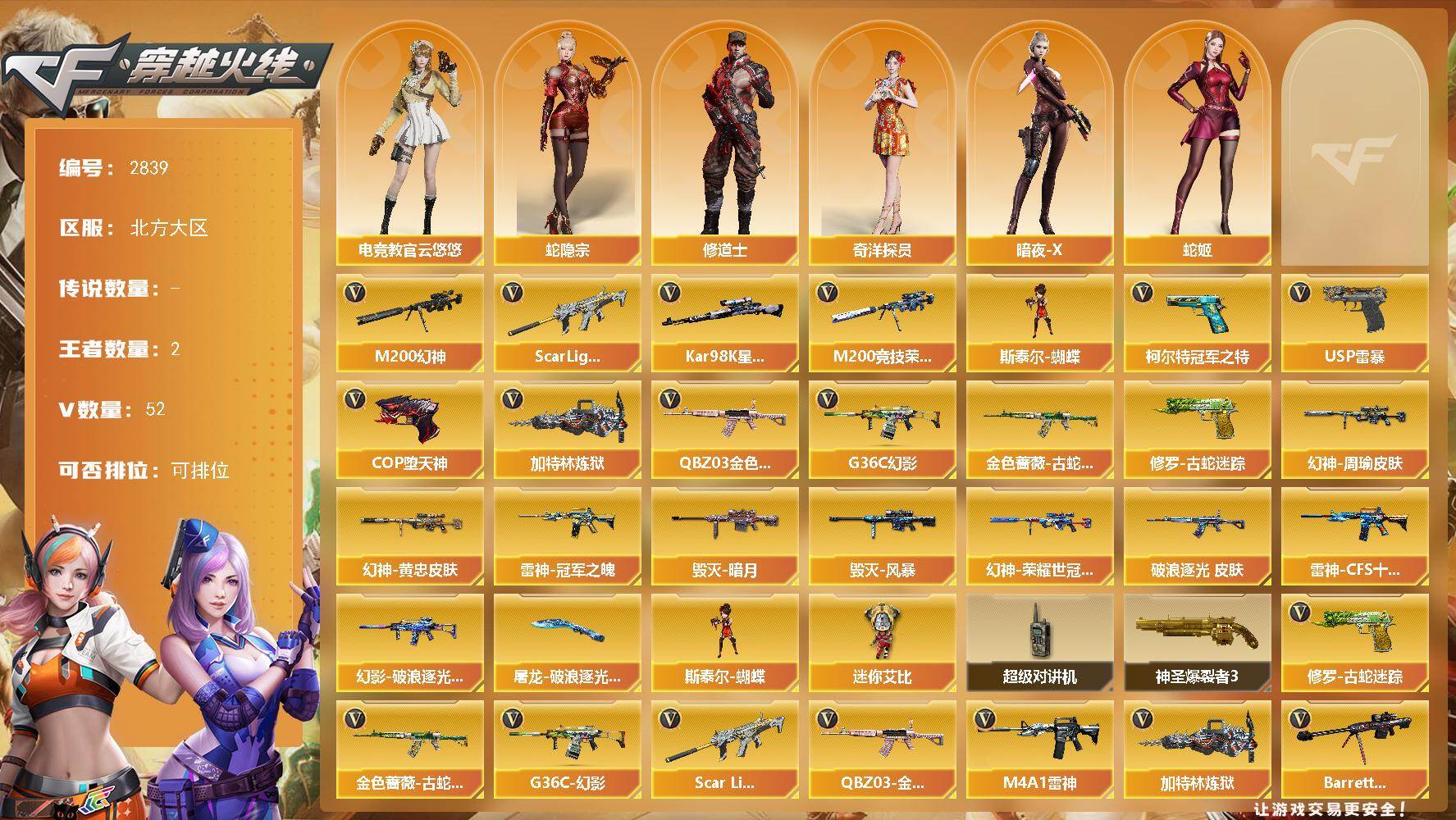 穿越火线账号北部战区北方大区北方大区-52V-2王者武器数-0炫金武器数
【传说角色】：传说艾莉莎
【热门武器】：G36C-幻影