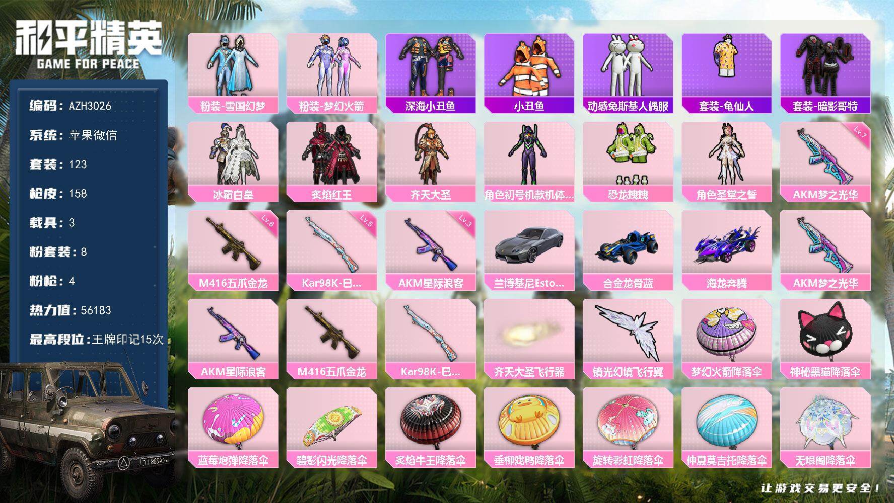 和平精英账号苹果微信【AZH3026】苹果 微信【雪国梦幻火箭紫螳螂 深海小丑鱼暗影哥特兔斯基 满级梦之光华AKM 3载