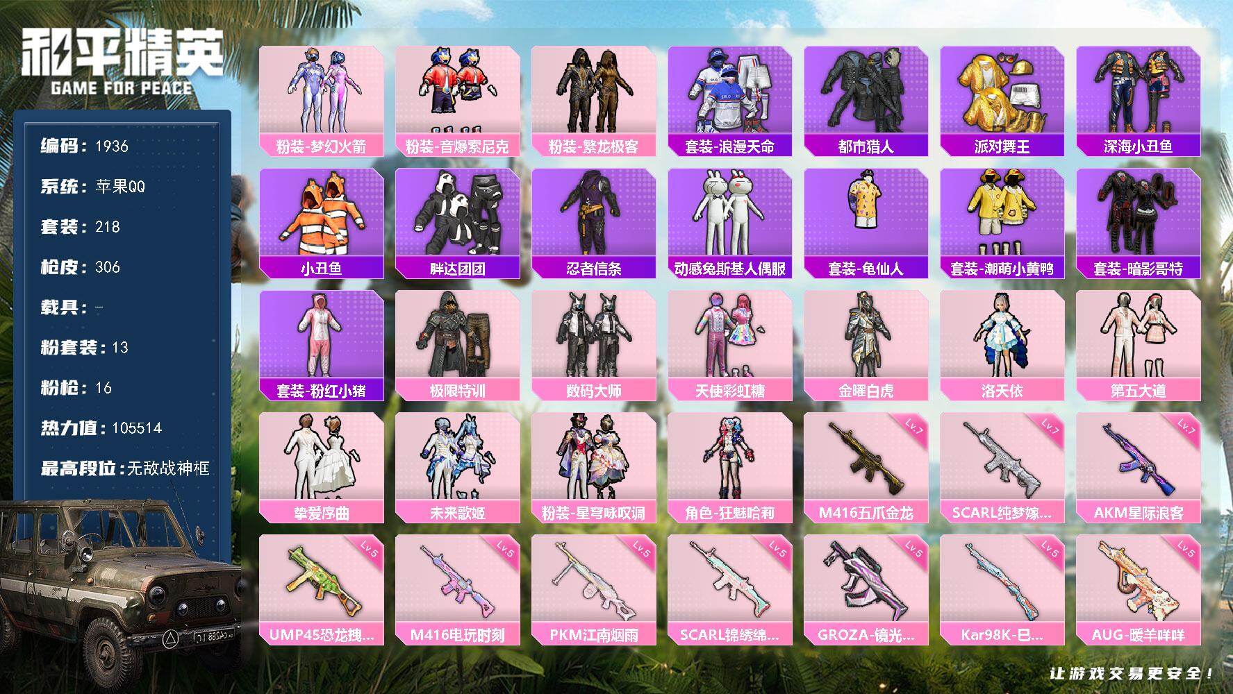 和平精英账号苹果QQ【1936】苹果 手Q-无敌战神框-13粉装-16特效枪-0载具-1粉色飞行器-105514热力值-