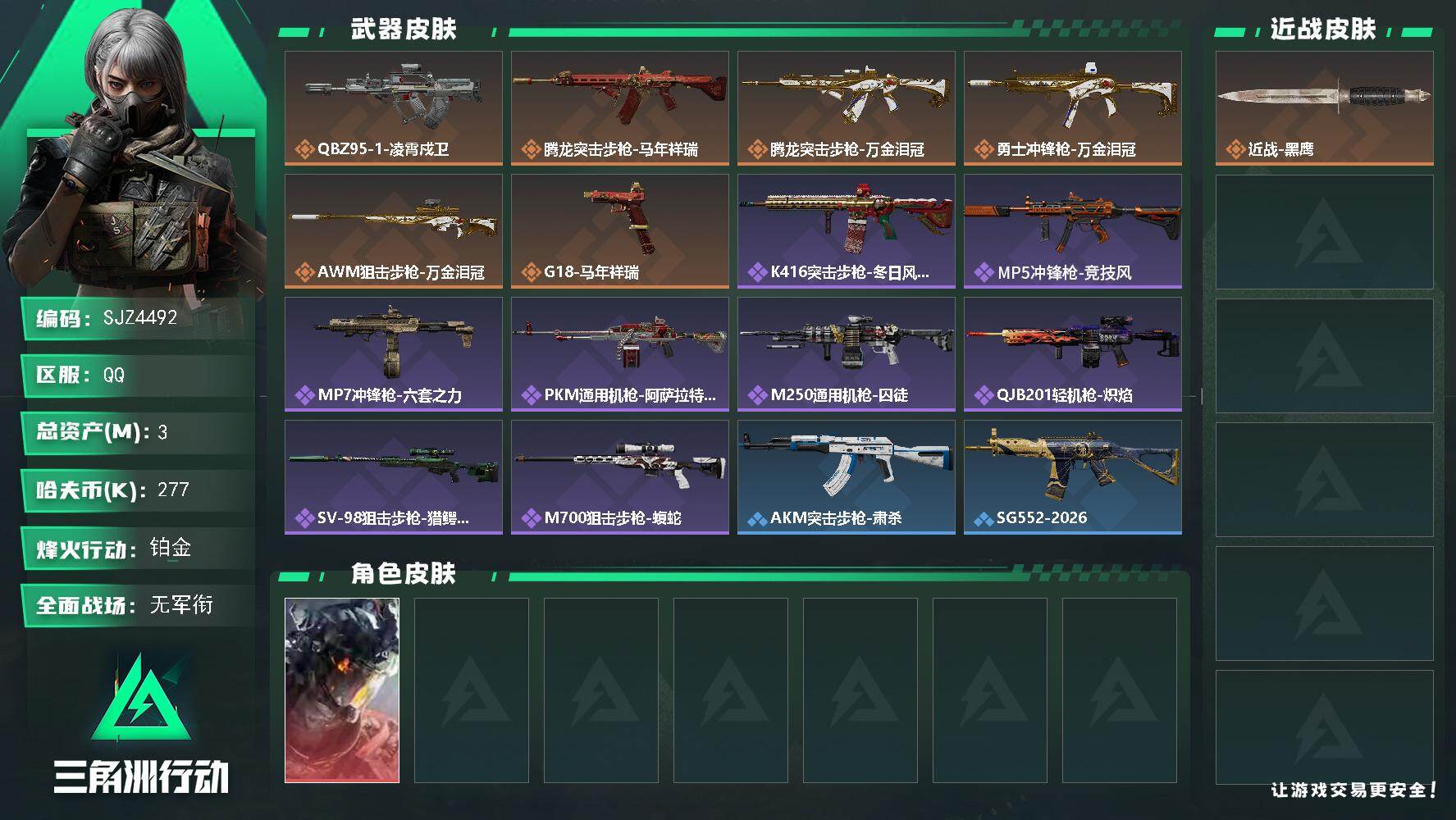 三角洲行动账号QQ【SJZ4492】总资产(M)：3M/哈夫币(K)：277K/哈夫币(K)：277K/传说枪皮数：6