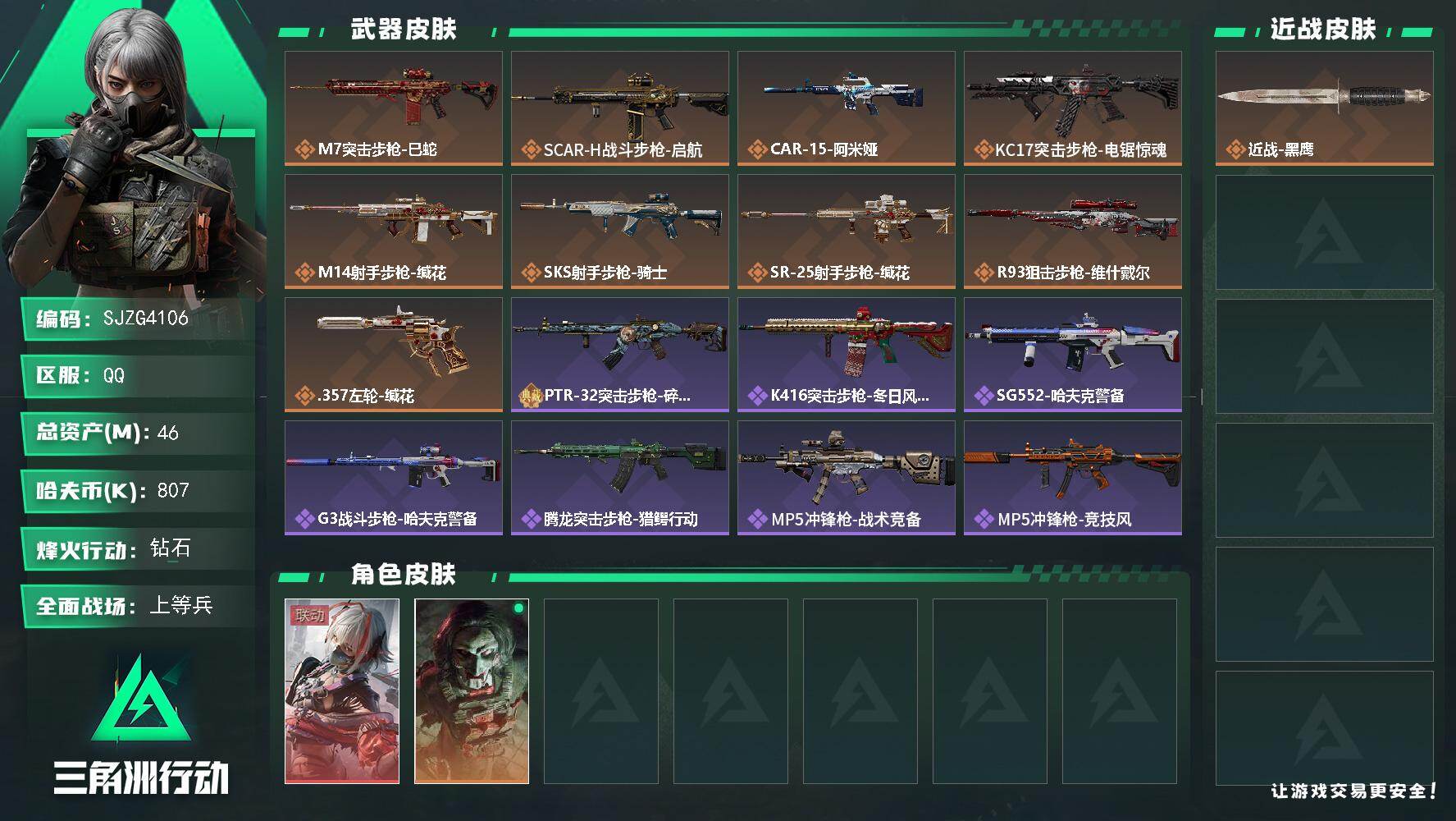 三角洲行动账号QQ【SJZG4106】总资产(M)：46M/哈夫币(K)：807K/哈夫币(K)：807K/传说枪皮数：9/全面战场等级：24_段位：上等兵/烽火地带等级：60_段位：钻石/骇爪-维什戴尔/红狼-电锯