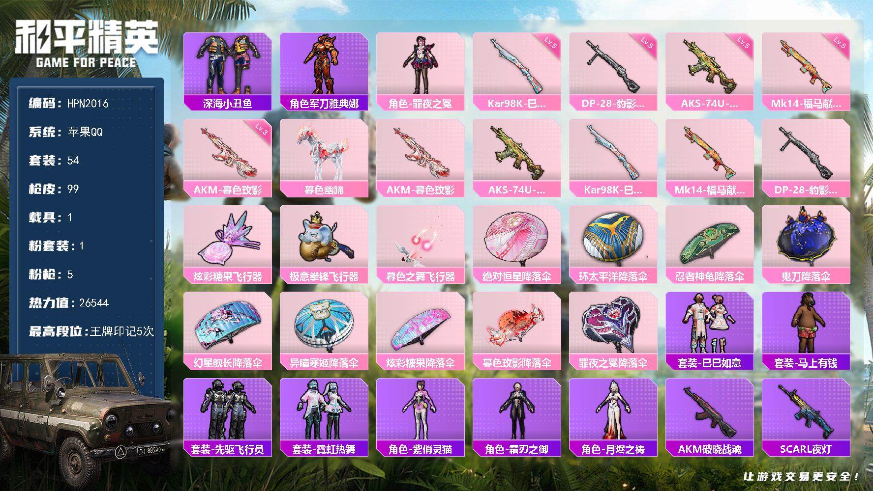 和平精英账号苹果QQ【N2016】54套装/枪械5/装备124/载具1/战备71/王牌印记5/热力值26544/三级AK