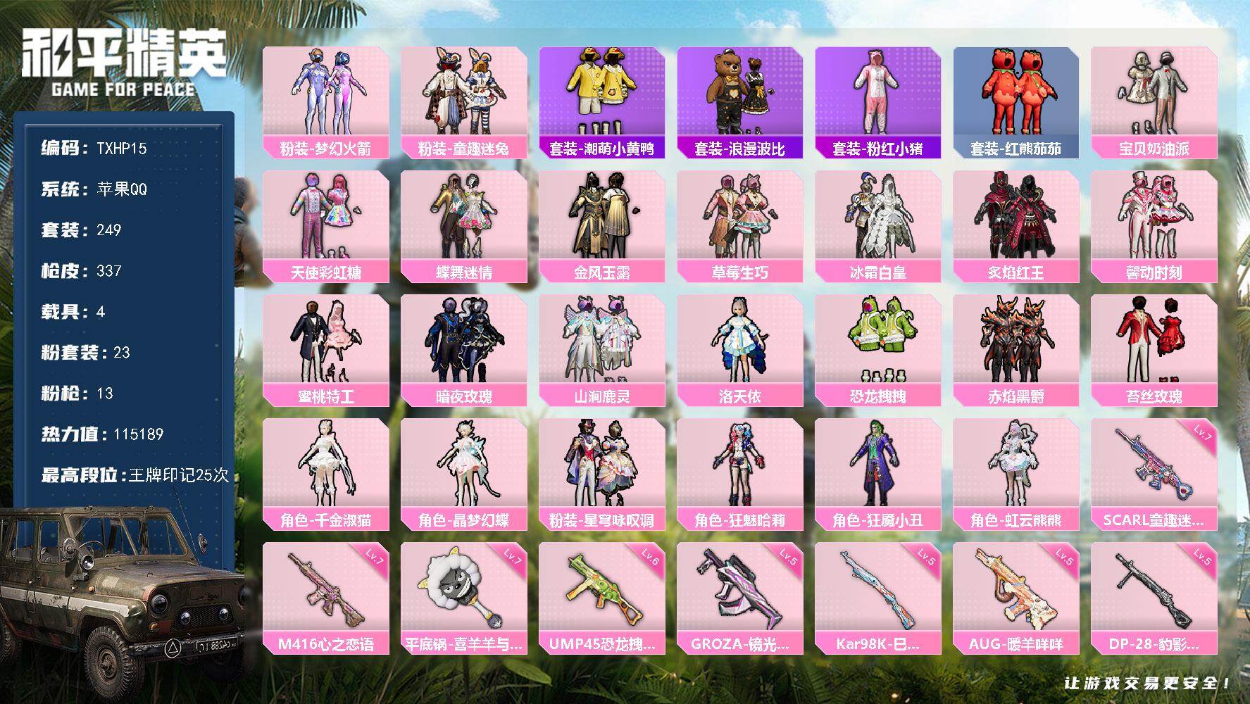 和平精英账号苹果QQ苹果 手Q-23粉装-13特效枪-4载具-1粉色飞行器-115189热力值-25王牌印记-249套装