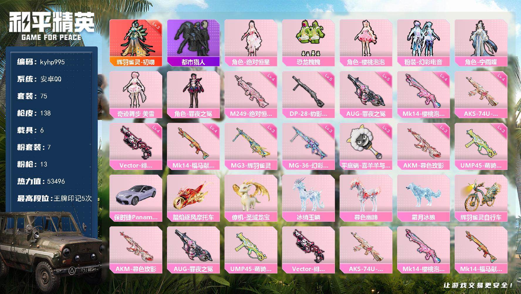 和平精英账号安卓QQ安卓 手Q-1神装-7粉装-13特效枪-6载具-9粉色飞行器-53496热力值-5王牌印记-75套装