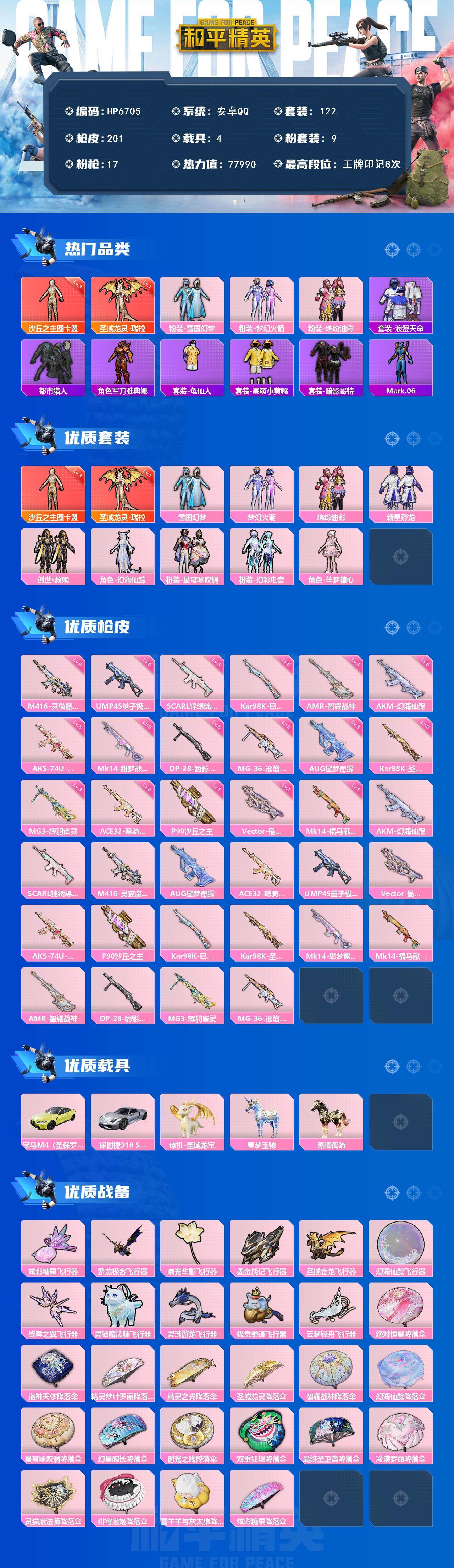 和平精英账号安卓QQ4载具-122套装-201枪皮-素材号-3级图卡盟-瑞拉-雪国-都市-满级灵猫魔法师M4/浪漫天命/