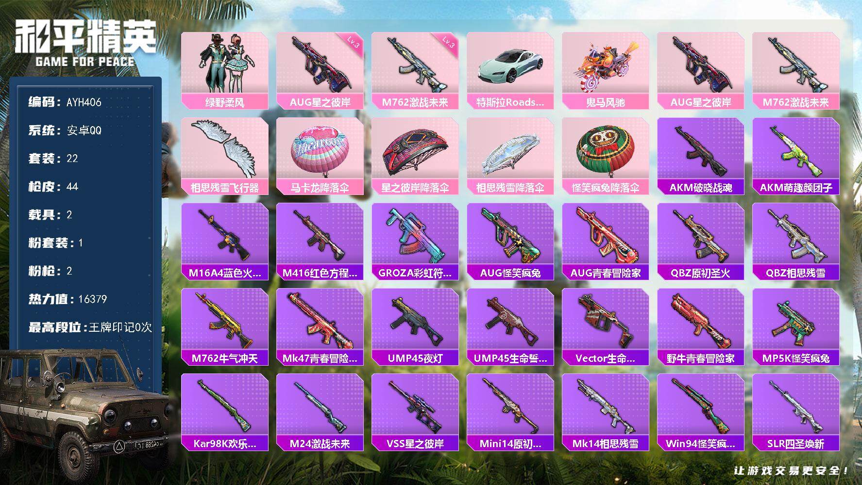和平精英账号安卓QQ安卓 手Q-1粉装-2特效枪-2载具-1粉色飞行器-16379热力值-0王牌印记-22套装-44枪皮【粉色套装】：粉装-绿野柔风【粉色枪皮等级】：AUG-星之彼岸(三级)，M762-激战未来(三级)