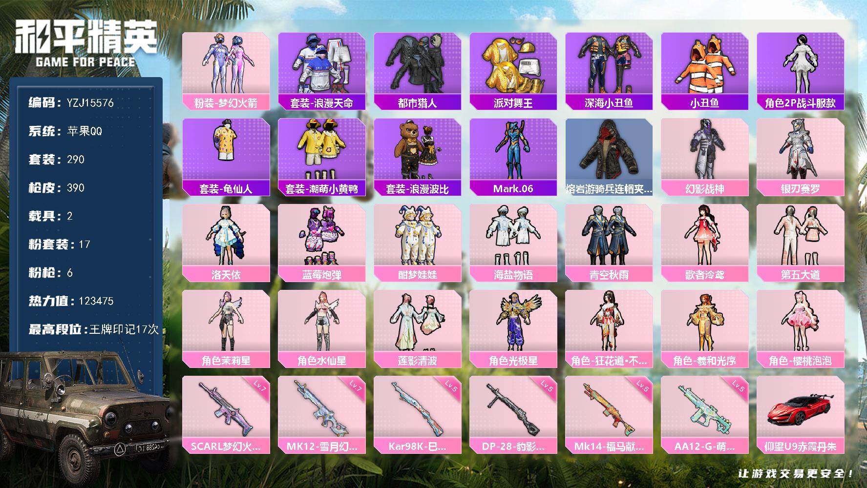 和平精英账号苹果QQYZJ15576-可二次-苹果Q-5稀有2载具17粉装6特效枪30热门【身法素材号 可萌可身法 双字