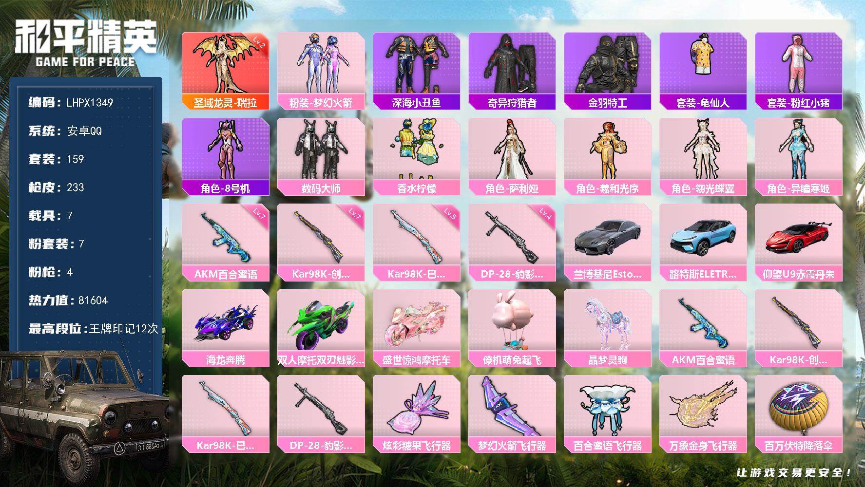 和平精英账号安卓QQ687扭蛋碎片/ 安卓 手Q-1神装-7粉装-4特效枪-7载具-4粉色飞行器-81604热力值-12王牌印记-159套装-233枪皮
【红色神装等级】：圣域龙灵-瑞拉(二级)
【红色角色神装】：圣域