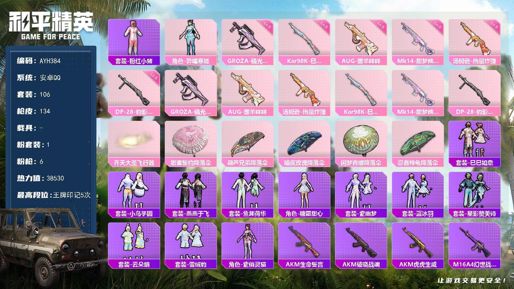 和平精英账号安卓QQ安卓 手Q-1粉装-6特效枪-0载具-1粉色飞行器-38530热力值-5王牌印记-106套装-134枪皮【热门品类】：套装-粉红小猪【粉色套装】：角色-异瞳寒姬【粉色枪皮等级】：GROZA-镜光银凌