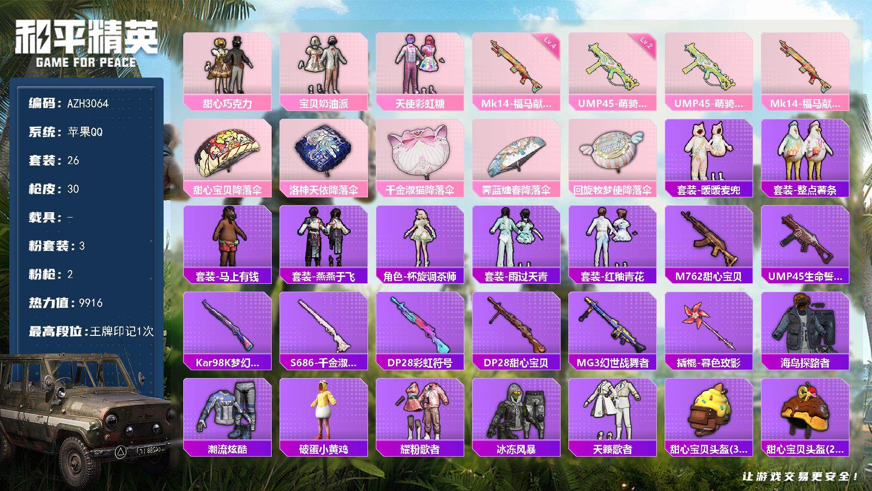 和平精英账号苹果QQ【AZH3064】苹果 手Q【巧克力三姐妹 暖暖麦兜】3粉装-2特效枪-0载具-0粉色飞行器-991