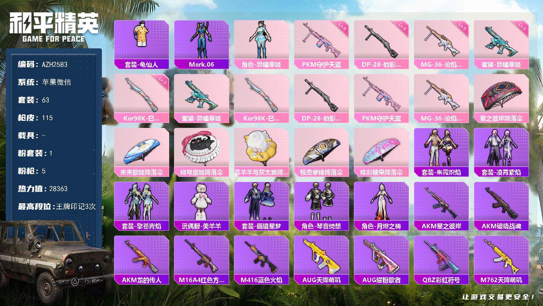 和平精英账号苹果微信0载具-63套装-115枪皮-苹果 微信【异瞳寒姬 美羊羊】1粉装-5特效枪-0载具-1粉色飞行器-